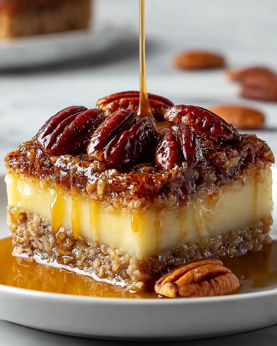 A three-layer square dessert sits on a white plate with caramel sauce dripping off the sides onto the plate. The bottom layer is thick and crumbly with a light brown color and grainy texture. The middle layer is smooth, creamy, and pale yellow. The top layer consists of glossy, dark brown pecan nuts, whole and shiny, covered in a sticky caramel glaze. One pecan nut rests on the plate beside the dessert, and the background is a white marbled texture. Photo taken with an iphone --ar 4:5 --v 7