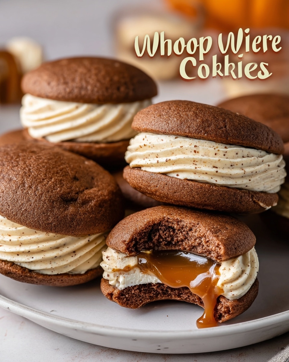 The image shows several round whoopie pies stacked on a dark plate on a white marbled surface. Each whoopie pie has two soft, golden-brown cookie-like layers with a smooth swirl of white cream in the middle. One whoopie pie is broken in half on top of the others, revealing three inside layers: the top and bottom golden-brown cake layers with a creamy white layer and a sticky, light caramel-colored layer in the center. There is a soft texture visible on the whoopie pies and a warm, cozy light in the background. Photo taken with an iphone --ar 4:5 --v 7