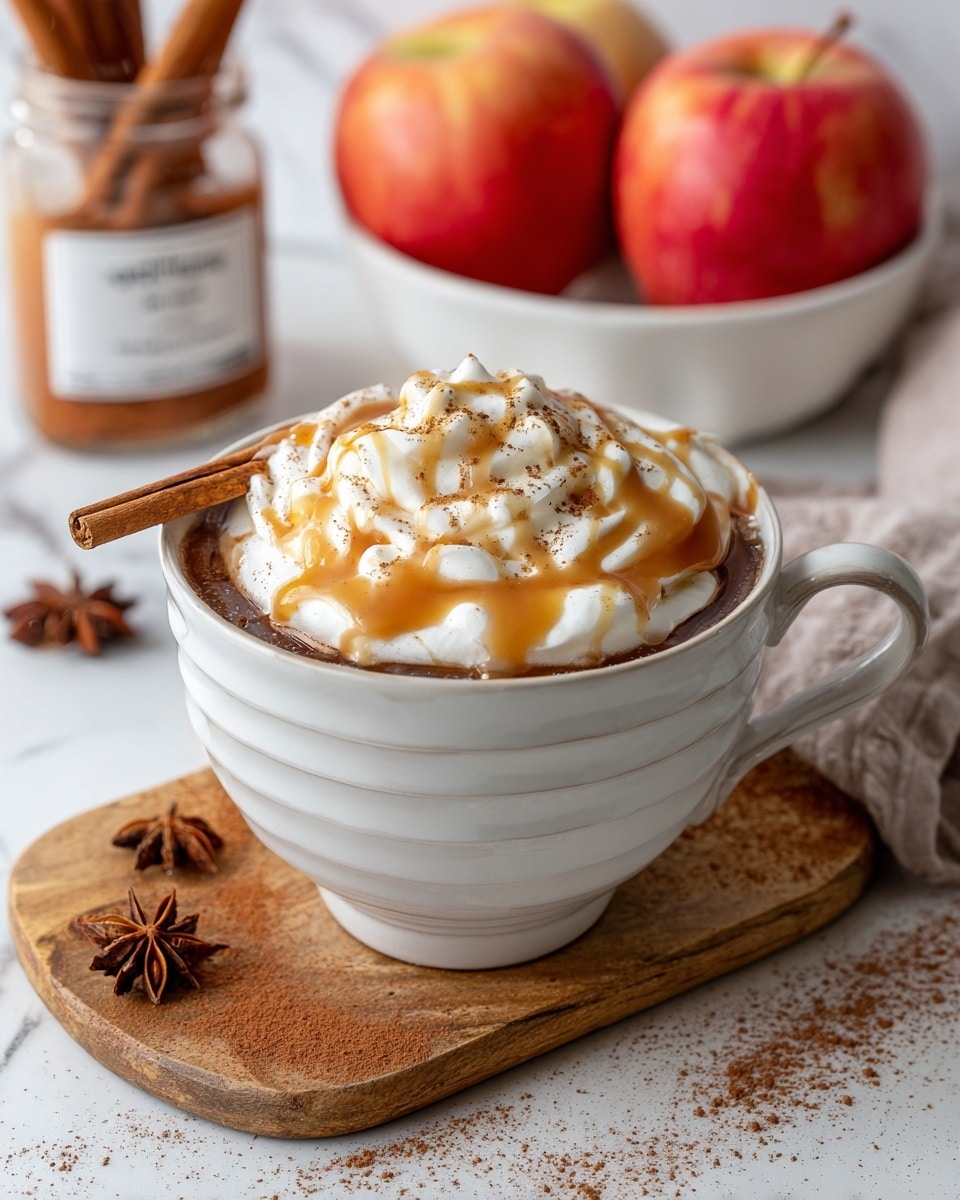 The image shows a white cup filled with dark brown liquid topped with a thick layer of white whipped cream, drizzled with a light caramel sauce and sprinkled with cinnamon powder. A single cinnamon stick is placed inside the cup on the right side. The cup sits on a wooden board with some loose cinnamon powder sprinkled around it. Surrounding the cup are cinnamon sticks lying on the board, star anise pods, a small bowl with cinnamon powder, two red and yellow apples in the background, and a white bowl filled with cinnamon sticks. The surface below is a white marbled texture. Photo taken with an iphone --ar 4:5 --v 7