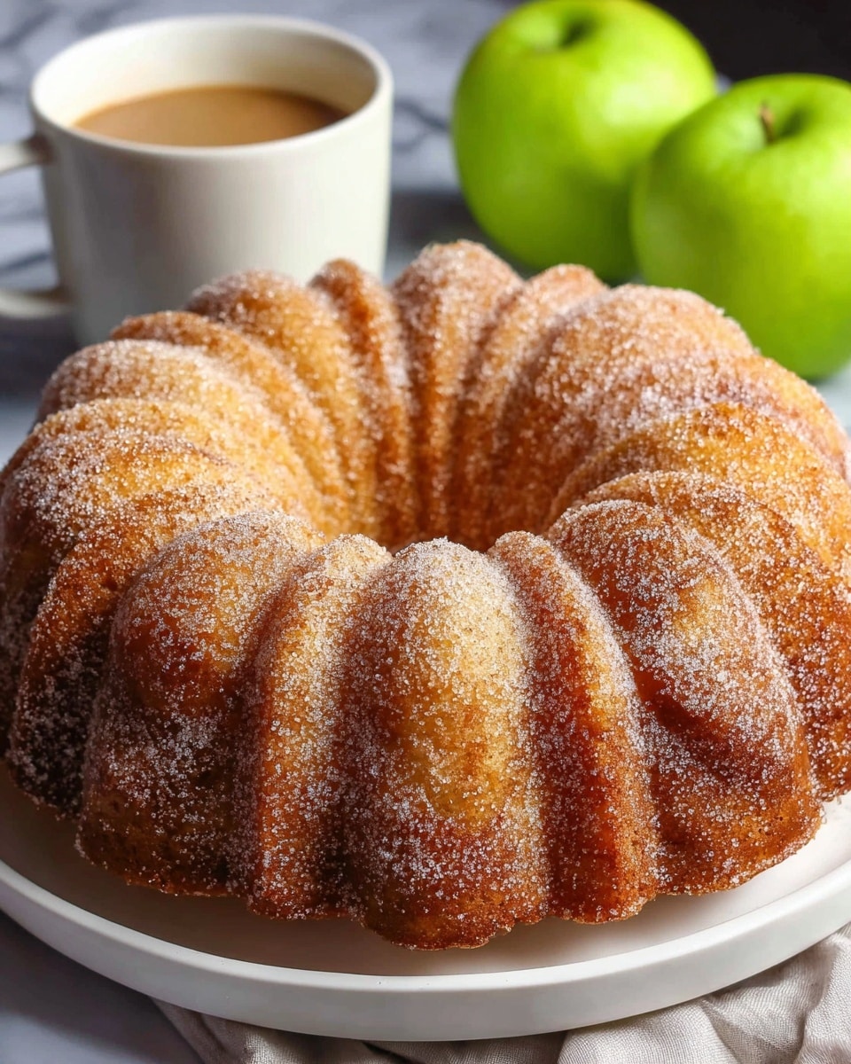 A golden brown bundt cake with a soft, slightly shiny texture sits centered on a white plate. The cake has thick, curved ridges from the bundt pan, and a light dusting of cinnamon sugar covers its surface, giving it a slightly grainy look. The background is a white marbled texture, and there is a green apple slightly blurred in the background. photo taken with an iphone --ar 4:5 --v 7