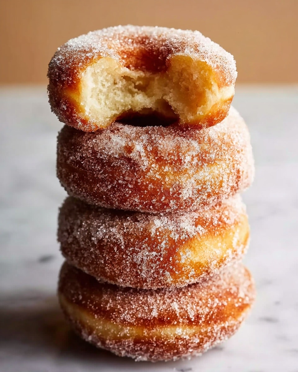 A stack of three sugar-coated donuts sits on a white marbled surface, with the top donut showing a bite taken out of it, revealing its soft, light yellow inside with a slightly crumbly texture. The donuts have a golden brown color, dusted evenly with granulated sugar that gives a sparkling effect. The lighting highlights the sugary texture and the fluffy inside of the bitten donut. photo taken with an iphone --ar 4:5 --v 7