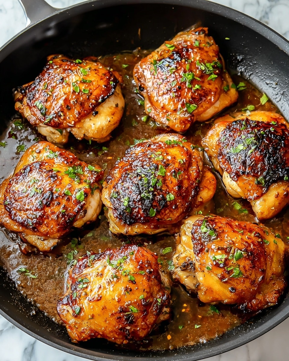 Six pieces of cooked chicken thighs are shown in a black pan. The chicken has a shiny, glazed look with a dark brown color and some crisp charred spots. Small green herb pieces are sprinkled over the chicken and sauce. A brown sauce with a slightly thick texture pools around the chicken in the pan. The background surface is a white marbled texture. photo taken with an iphone --ar 4:5 --v 7