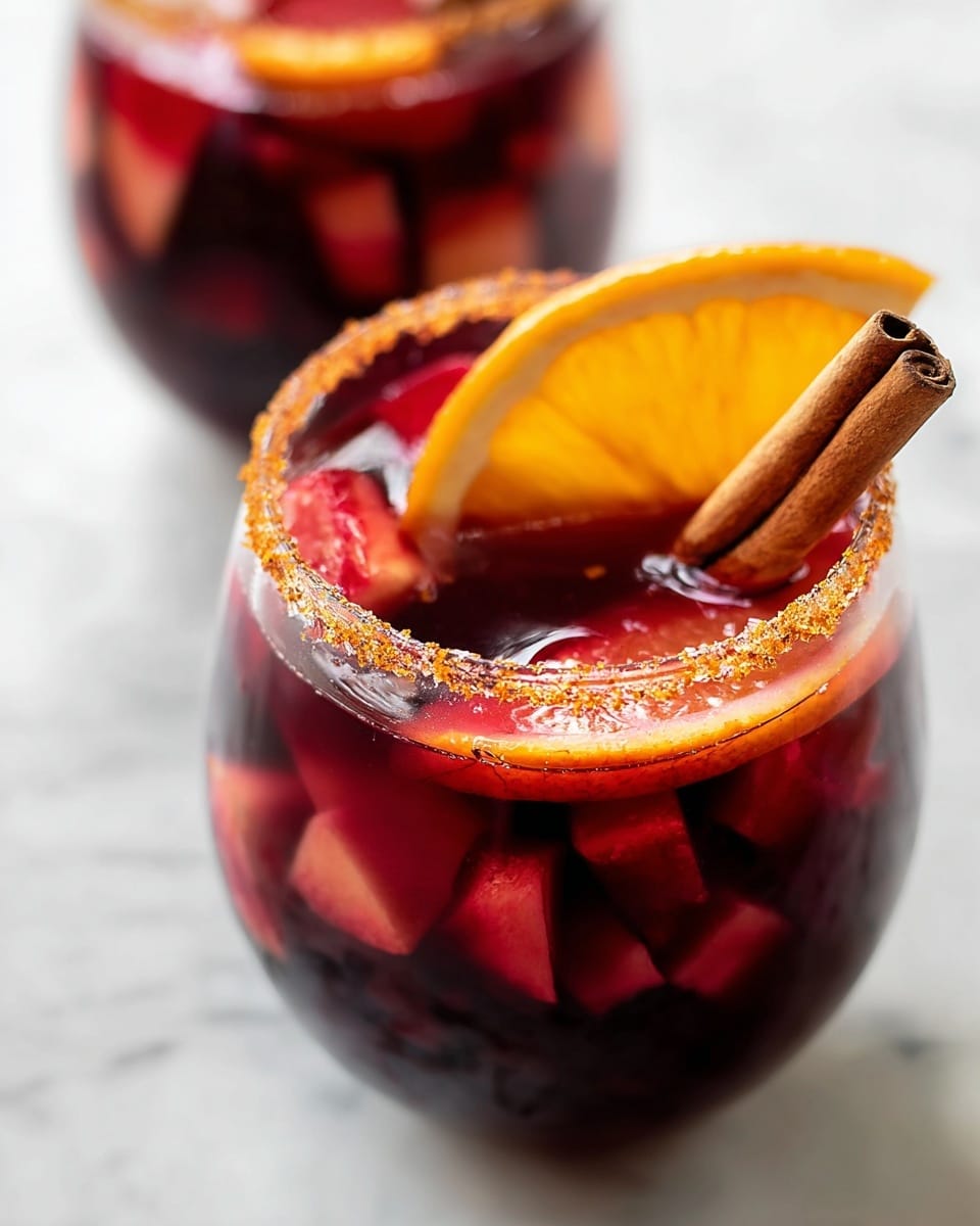 A clear round glass is filled with a deep red drink containing floating pieces of red fruit and a large orange slice near the bottom. On top of the drink, there are more red fruit chunks and a wedge of bright orange. A cinnamon stick stands upright in the drink. The glass rim is coated with a brown sugar-like texture. The glass is placed on a white marbled surface with a blurred second glass in the background. photo taken with an iphone --ar 4:5 --v 7
