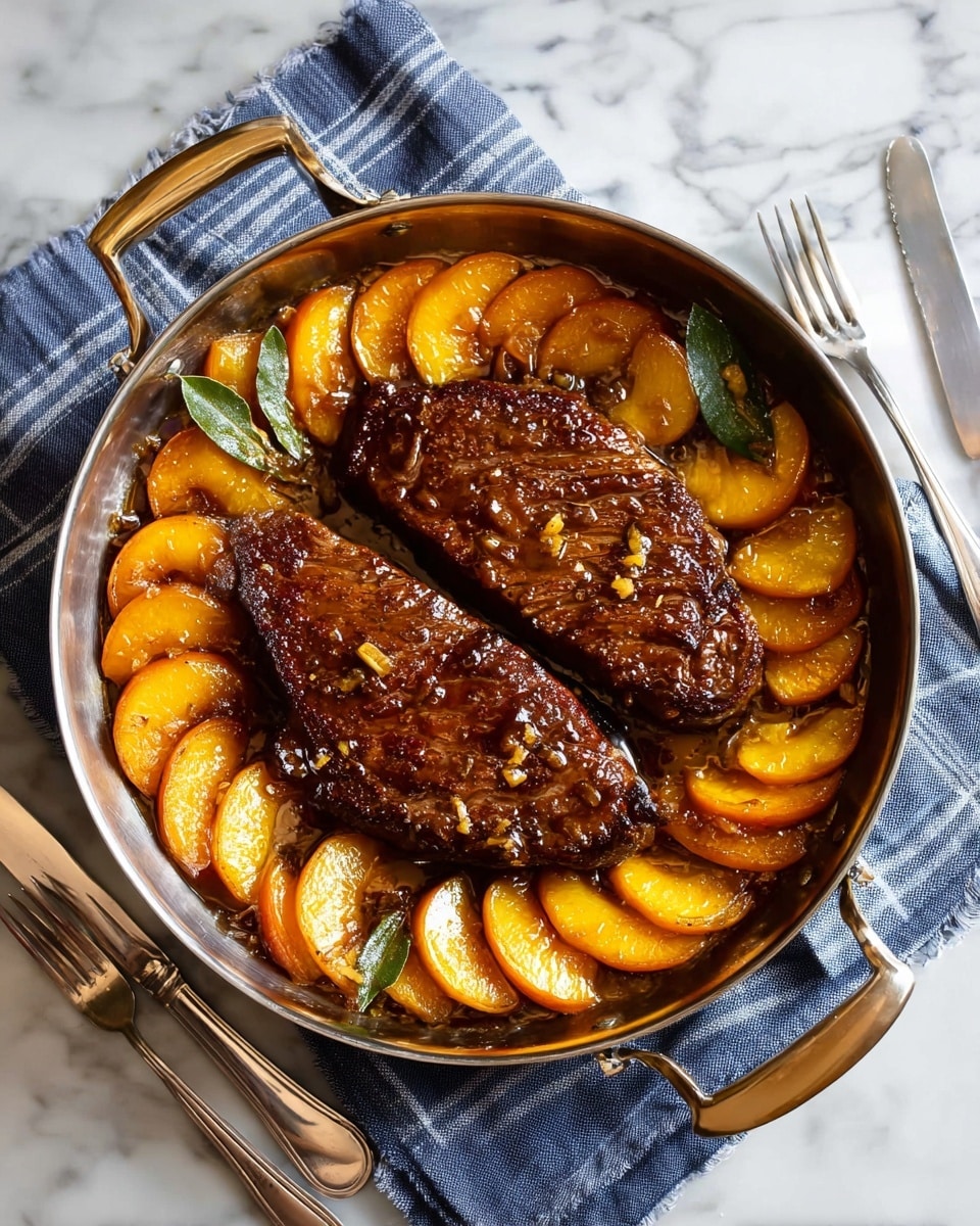 Two thick, dark brown glazed meat slices sit in the center of a large round metal pan with handles on each side. Surrounding the meat are many bright orange slices of cooked fruit, arranged neatly in a circle along the pan’s edge. The fruit has a glossy, syrupy shine. There are a few green bay leaves scattered among the fruit. The pan rests on a blue and white striped cloth on a white marbled surface. A silver fork and knife lie beside the pan. The photo taken with an iphone --ar 4:5 --v 7