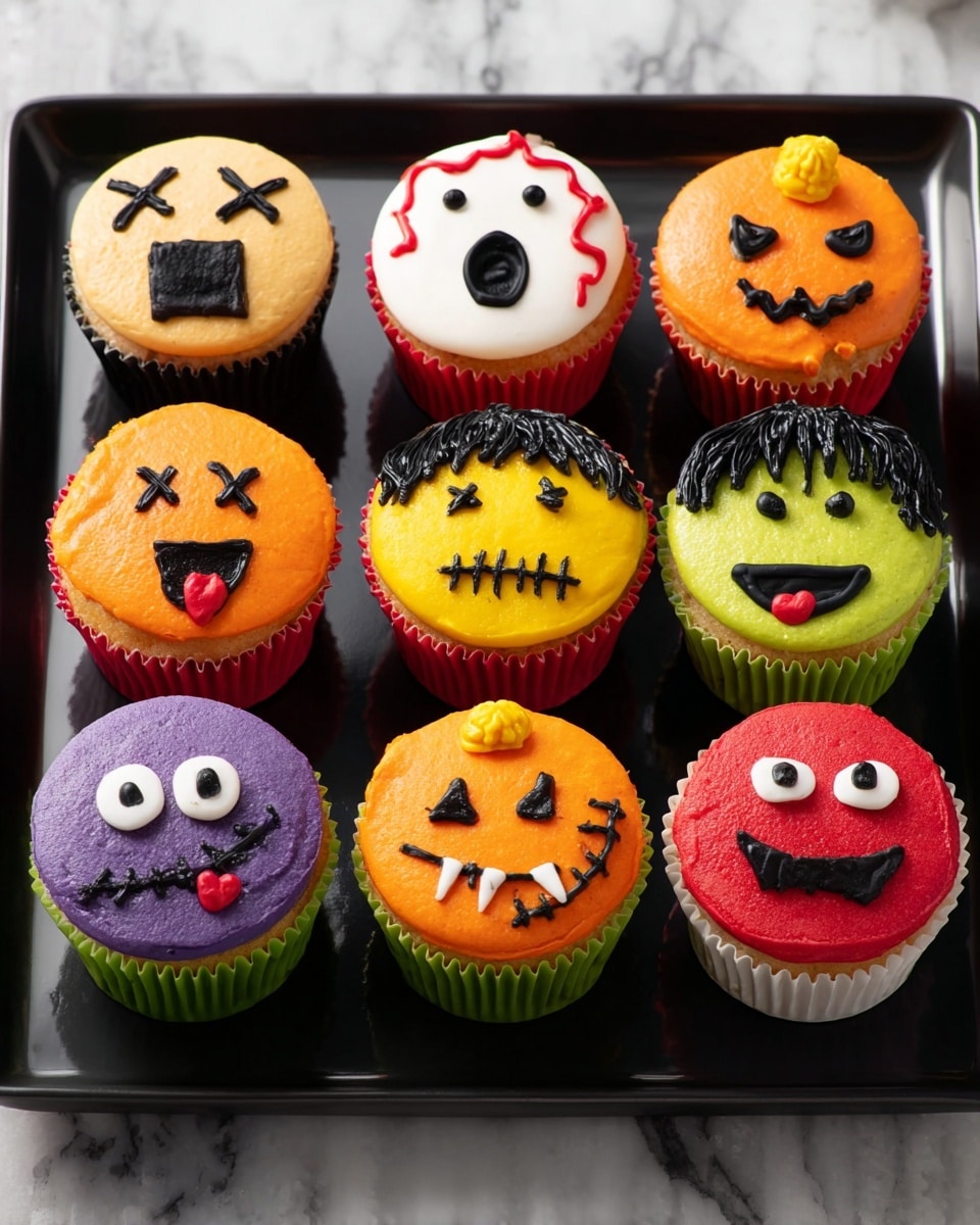 The image shows a Halloween-themed dessert spread on a white marbled surface with a light gray polka dot tablecloth. On a white plate to the right, there are seven pumpkin-shaped sugar cookies decorated with orange icing in two layers, green leaves on top, and various facial expressions made with black and red icing on the surface layer. To the top left, a black tray holds eight cupcakes each with different Halloween face designs on colorful icing tops, including white, red, orange, and purple. Below that, a white plate contains eight rectangular treats resembling Frankenstein faces with two layers: a yellow rice treat base and a black icing layer for hair and facial details. In the center, a light green plate is filled with nine square brownies decorated with colorful Halloween faces made from icing and candy on one layer. A purple plate nearby holds a single red devil-face cupcake and one Frankenstein rice treat. There are also decorated pretzel sticks with orange and black sprinkles and round candy pieces scattered around in small white bowls. Halloween-themed paper napkins with pumpkin, bat, and polka dot prints are spread under the plates, alongside orange felt pumpkin cutouts and black spiderweb decorations. Photo taken with an iphone --ar 4:5 --v 7