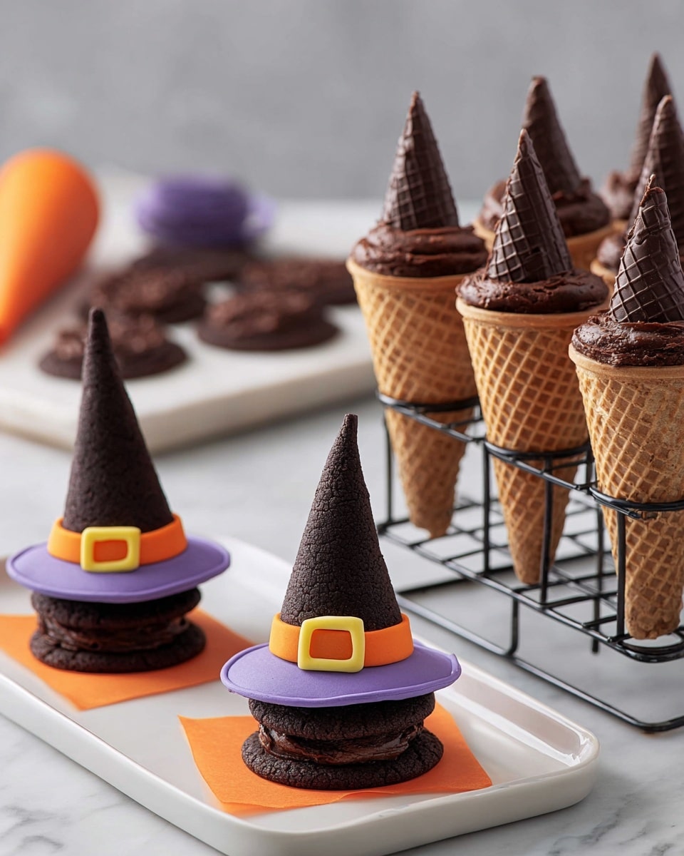 The image shows three witch hat-shaped desserts placed on a white tray with orange paper squares underneath each one. Each hat has a dark chocolate cookie base, a black waffle cone as the hat's top, and a colorful icing belt with a yellow buckle around the cone near the base—two hats have purple belts, and one has an orange belt. To the right, there is a black metal cone holder holding waffle cones filled with dark chocolate muffins, arranged neatly in two rows. In the background, a white marbled surface holds extra chocolate cookies stacked and a waffle cone lying flat, along with an orange icing piping bag. Photo taken with an iphone --ar 4:5 --v 7