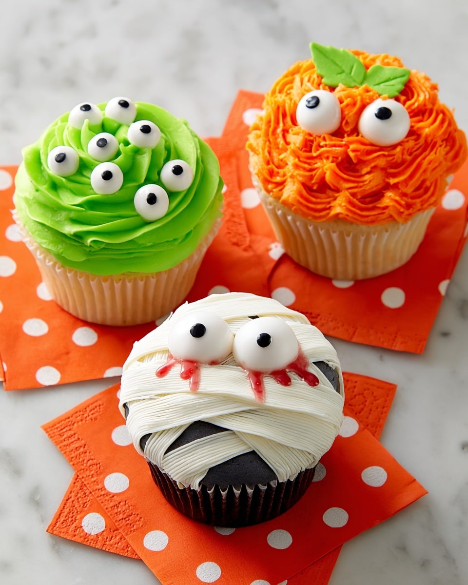 There are three cupcakes on a white marbled surface, each decorated with bright frosting to look like fun monsters. The first cupcake has green swirled frosting with many small white eyes with black centers placed all around the top, creating a funny many-eyed monster effect. The second cupcake has bright orange swirled frosting with two large white eyes with black centers near the top, and a small green frosting leaf on top, making it look like a pumpkin monster. The third cupcake is covered with smooth white frosting strips crossing over each other, with two wide white eyes with black centers peeking out from a black background underneath the strips, and small red frosting drops to look like blood, making a cute mummy effect. They are placed on orange napkins with large white dots. Photo taken with an iphone --ar 4:5 --v 7