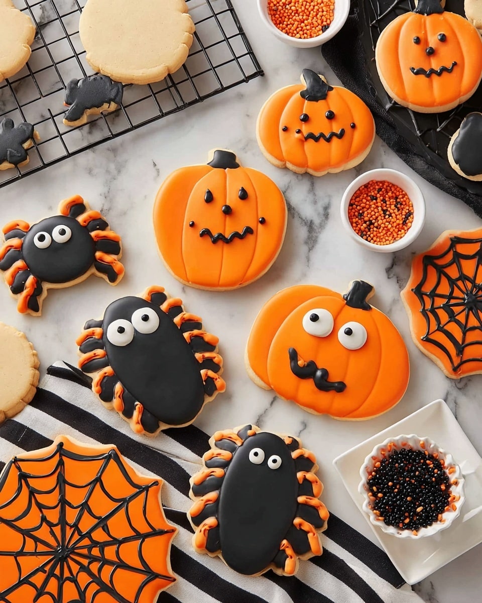 The image shows Halloween-themed sugar cookies on a white marbled surface. There are plain pumpkin-shaped cookies in light tan color spread around and two decorated pumpkin cookies with smooth, bright orange icing topped with simple black faces. Two spider cookies have a black oval base with white candy eyes and orange striped legs attached. A spider web cookie has an orange base with black web lines radiating from the center. Small bowls and containers filled with black and orange sprinkles, plus edible candy eyes, are scattered nearby, along with a striped black and white cloth and a white square plate holding more decorated cookies. There are also black wire cooling racks holding some undecorated cookies. photo taken with an iphone --ar 4:5 --v 7
