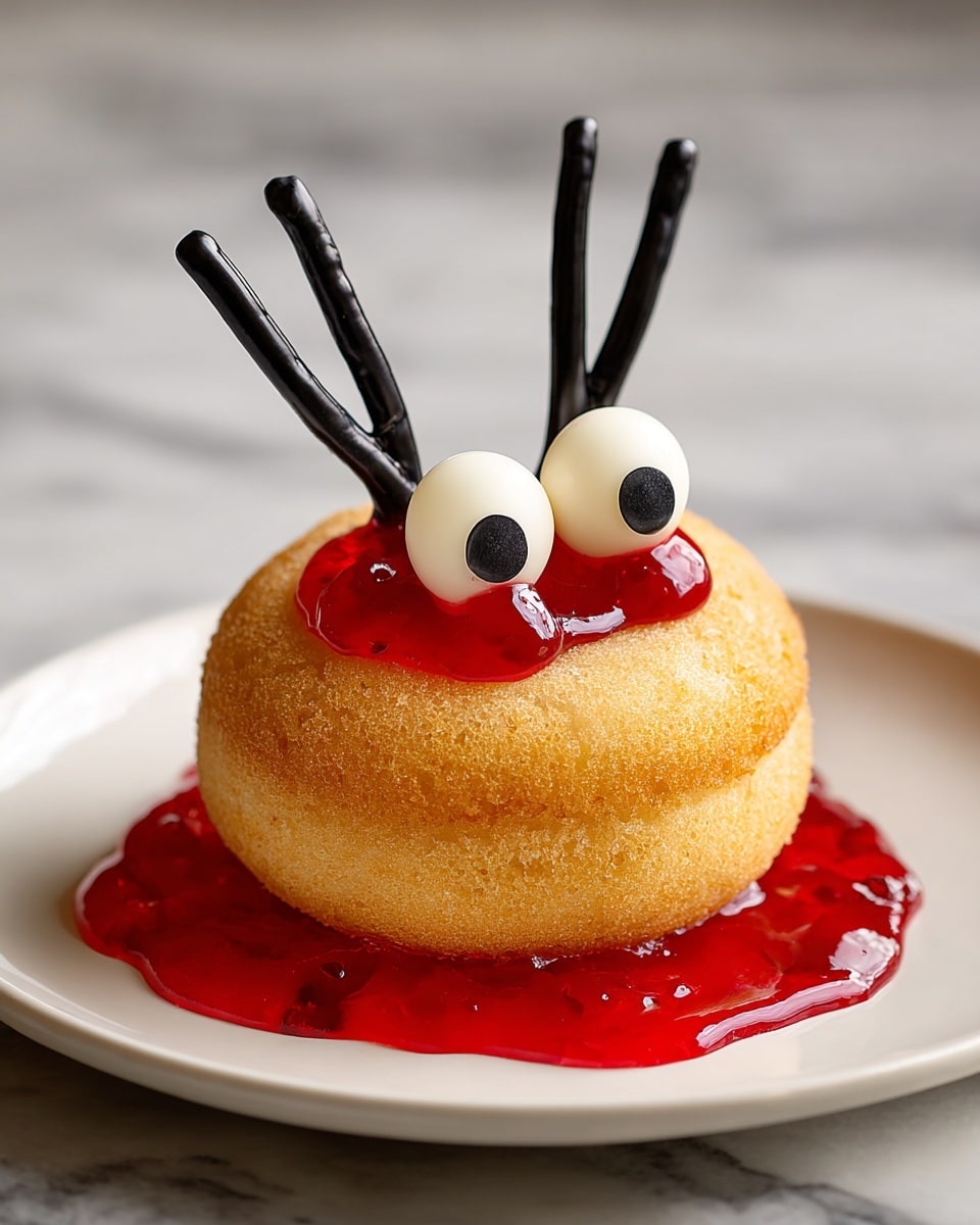 A round golden-brown fried snack with a hole in the center stands upright on a white plate, resembling a surprised face. It has two large white candy eyes with black centers placed near the top, and three black licorice pieces arranged on top like eyebrows and hair strands. Bright red jelly is placed at the bottom opening, spilling out onto the plate, looking like a flowing tongue. The plate sits on a surface with a white marbled texture in the background. photo taken with an iphone --ar 4:5 --v 7