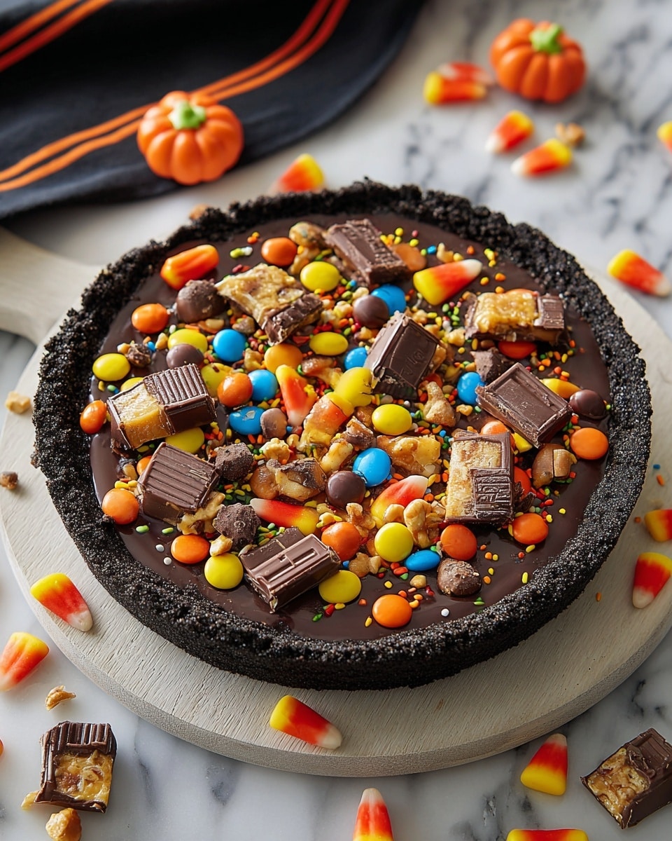 A round tart with three layers: a dark chocolate crumb crust forms the bottom and edges, holding a smooth, shiny dark chocolate filling in the middle, topped with scattered colorful candy pieces including small pumpkin-shaped candies, orange, yellow, and white candy corn, round red and blue chocolates, broken chocolate bar sections with visible nuts, and small orange, purple, and white sprinkles. The tart sits on a white marbled cutting board, and more candy pieces are spread around it on the board, with a striped cloth partially visible underneath. photo taken with an iphone --ar 4:5 --v 7