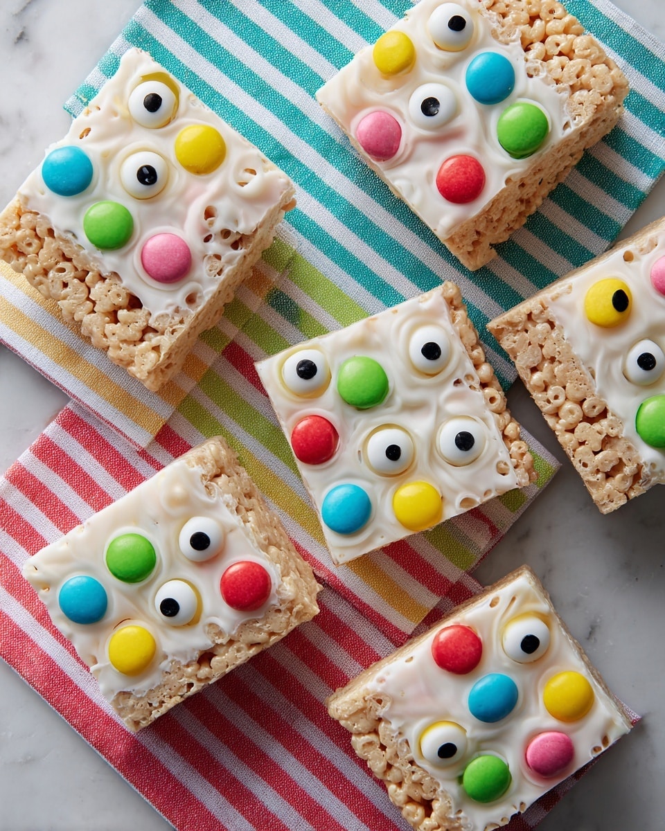 Five rectangular rice crispy treats lay on a white marbled texture, each decorated with a layer of smooth white icing on top. The bottom half of each treat shows the golden, textured crispy rice layer. The white icing topping is covered with small, round colorful candy circles in red, blue, yellow, green, and pink, each with a smaller black dot in the center, resembling eyes. The treats rest on bright napkins with red, blue, green, and pink striped patchwork patterns. The photo taken with an iphone --ar 4:5 --v 7