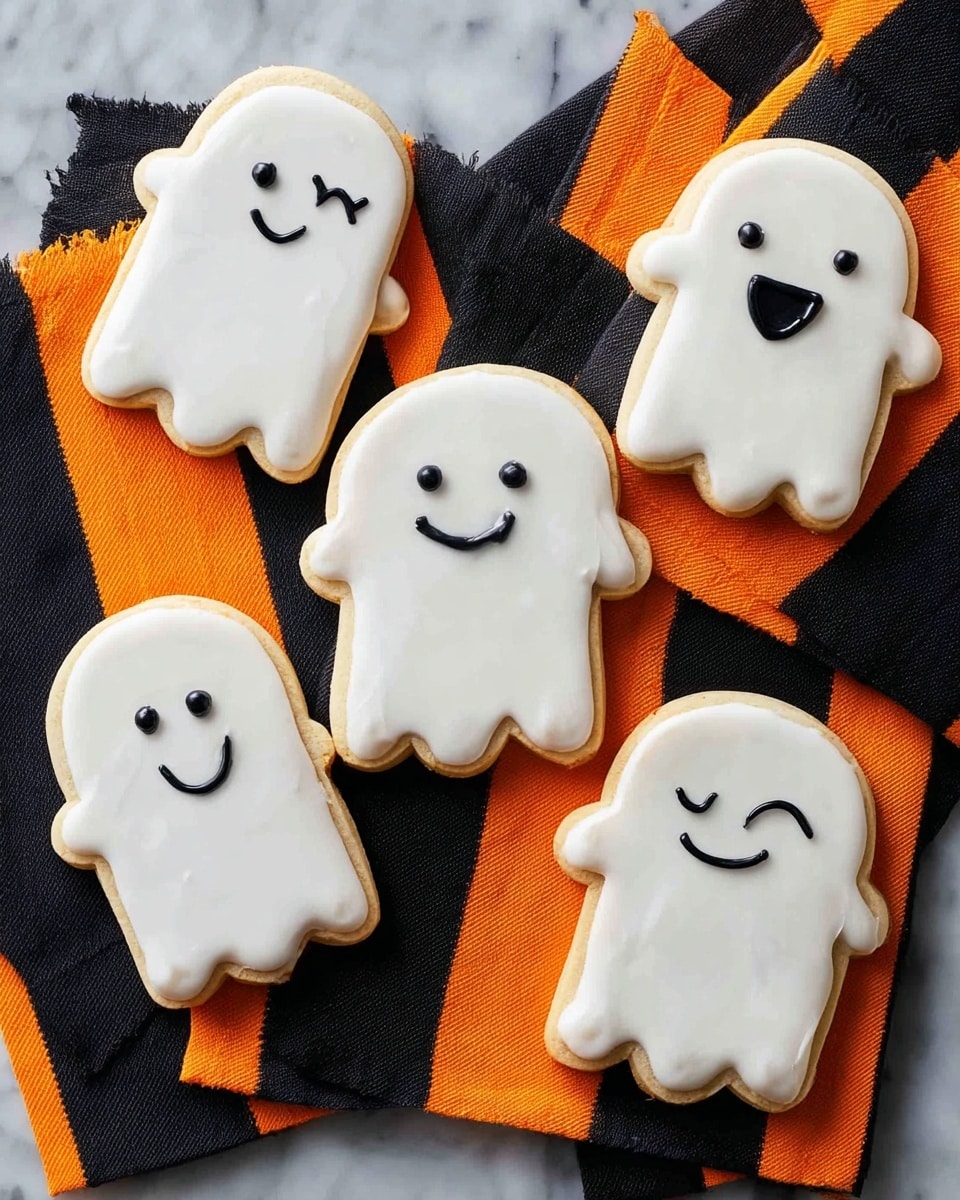 The image shows six ghost-shaped cookies arranged on a white marbled surface covered by black napkins with bright orange diagonal stripes. Each cookie has two layers: the base is a light tan cookie with a smooth white icing layer on top shaping the ghost’s body, featuring a scalloped bottom edge. On the white icing, each ghost has playful black icing details creating one eye winking and one round open eye, as well as a wide smile. The cookies have a smooth and glossy texture, evenly decorated and spaced across the surface. photo taken with an iphone --ar 4:5 --v 7