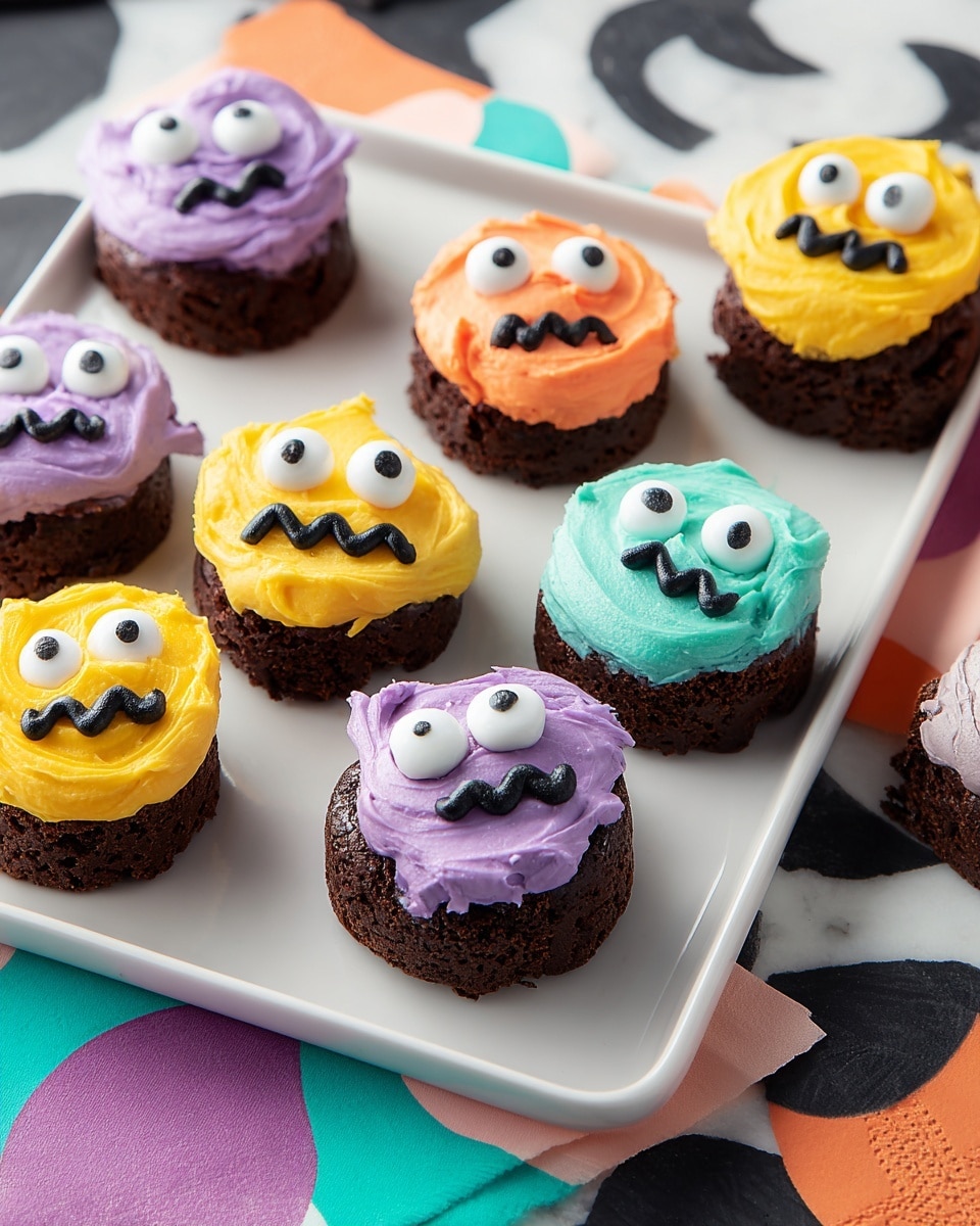There are small round chocolate cakes with thick, colorful frosting on top, each cake showing a monster face with candy eyes and a black icing mouth. The frosting colors are bright yellow, purple, orange, and light blue, each covering the top layer fully and textured with swirls. Each cake has either one, two, or three large round candy eyes placed on top in different arrangements to create funny faces. The cakes are placed on a white marbled surface decorated with patterned napkins in turquoise, yellow, and white, along with white plates and a white rectangular tray. photo taken with an iphone --ar 4:5 --v 7