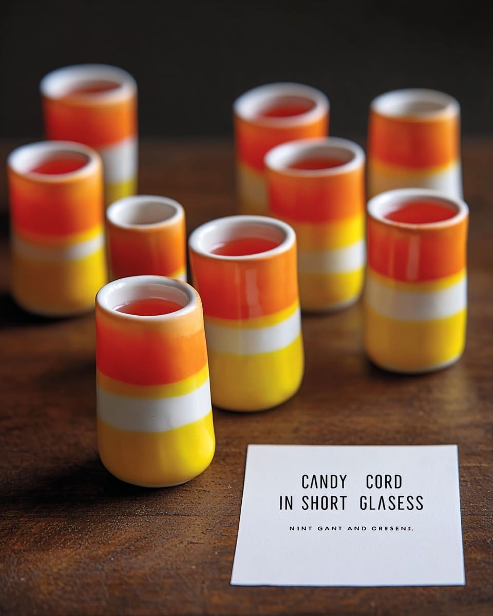 The image shows nine small white ceramic shot glasses arranged on a dark wooden surface, each filled with a red liquid inside. Each glass is decorated with three thick horizontal layers on the outside: the bottom layer is bright yellow, the middle layer is vibrant orange, and the top layer is white, resembling candy corn colors. In the background, there is a sign with black text on a white paper with a dotted border that reads