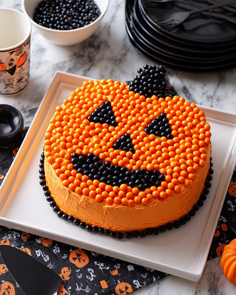A round cake shaped like a pumpkin sits on a white square plate on a white marbled surface. The cake has smooth orange frosting covering the round base. The top is decorated with two black triangle eyes, a black triangle nose, and a black smiling mouth made of small black candies. The rest of the top is covered with small orange candies, creating the pumpkin's face. There is also a small patch of black candies at the top center of the cake to represent the pumpkin stem. Photo taken with an iphone --ar 4:5 --v 7