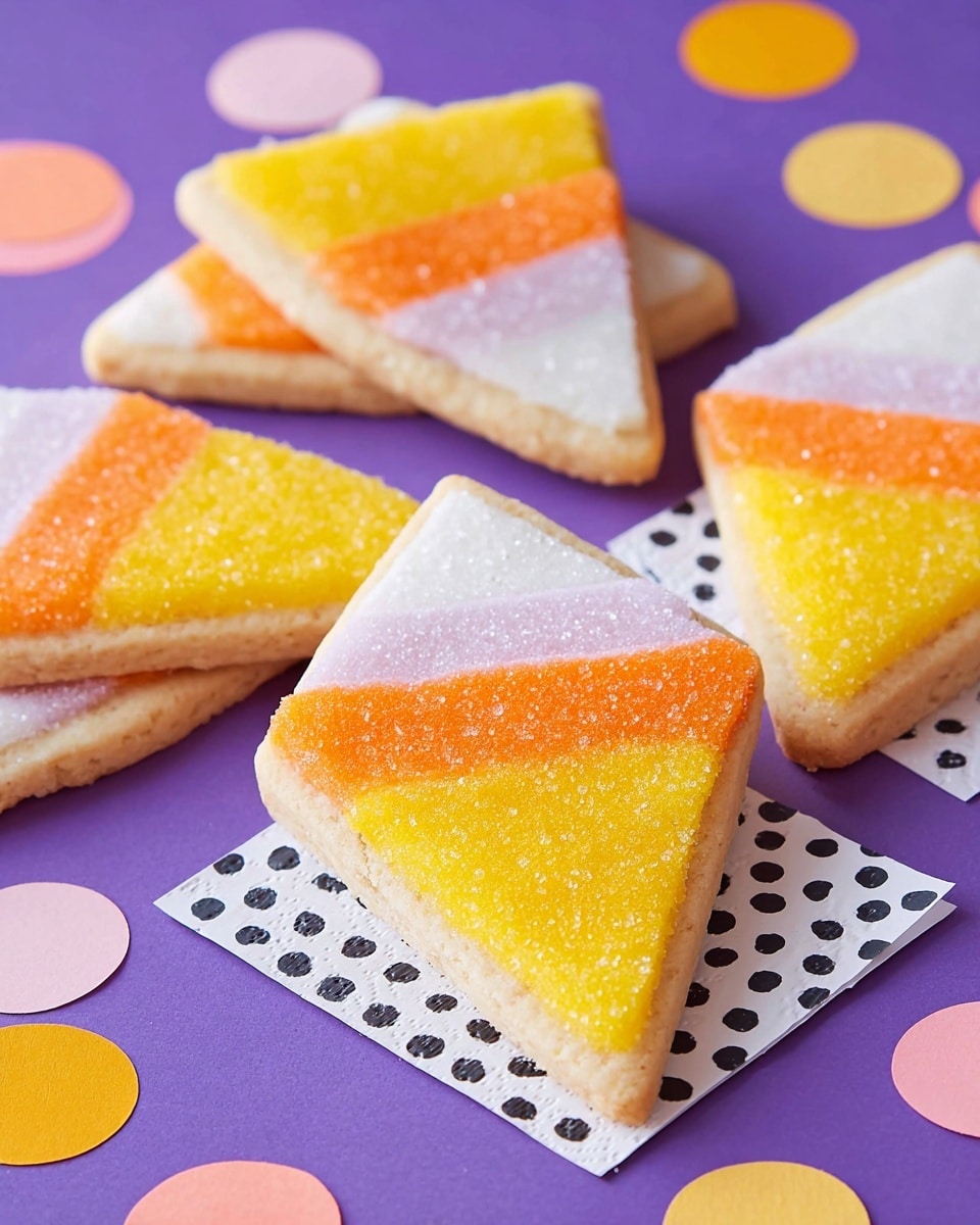 Several triangular cookies are arranged on a surface with a white marbled texture covered by purple paper and scattered pastel-colored confetti circles in yellow and peach. Each cookie has two visible layers: a light beige base layer and a smooth frosting top layer divided into three horizontal sections. The top section has bright yellow sugar crystals, the middle section is covered in bright orange sugar crystals, and the bottom section has white smooth frosting. Some cookies rest on black napkins with white polka dots and white napkins, enhancing the colorful, festive look. Photo taken with an iphone --ar 4:5 --v 7