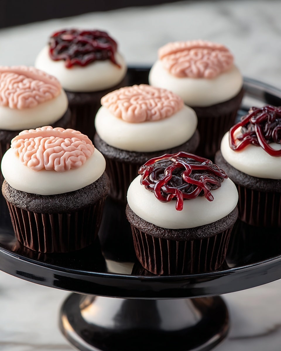 Seven chocolate cupcakes are placed on a glossy black cake stand set on a white marbled surface. Each cupcake has one thick layer of smooth white frosting covering the dark cake top. On top of the white frosting, some cupcakes feature a pale pink frosting shaped like a small brain with detailed ridges, while others have a twisted red frosting that looks like veins or brain parts with a shinier texture. The cupcakes are in dark brown liners, and the background is softly blurred with gray tones. Photo taken with an iphone --ar 4:5 --v 7