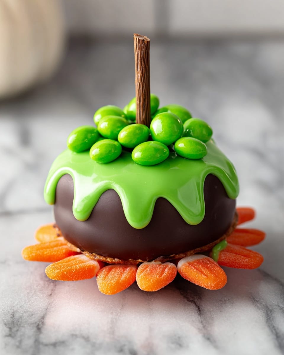 The image shows a small round treat with three main layers on a white marbled surface. The bottom layer has thin orange pieces, arranged like petals. Above it, there is a smooth dark layer covering the round shape. On top of this is a bright green glossy layer that drips a little down the sides, decorated with small green round candies piled in the center. A pretzel stick is inserted into the treat, standing upright at the back. Photo taken with an iphone --ar 4:5 --v 7