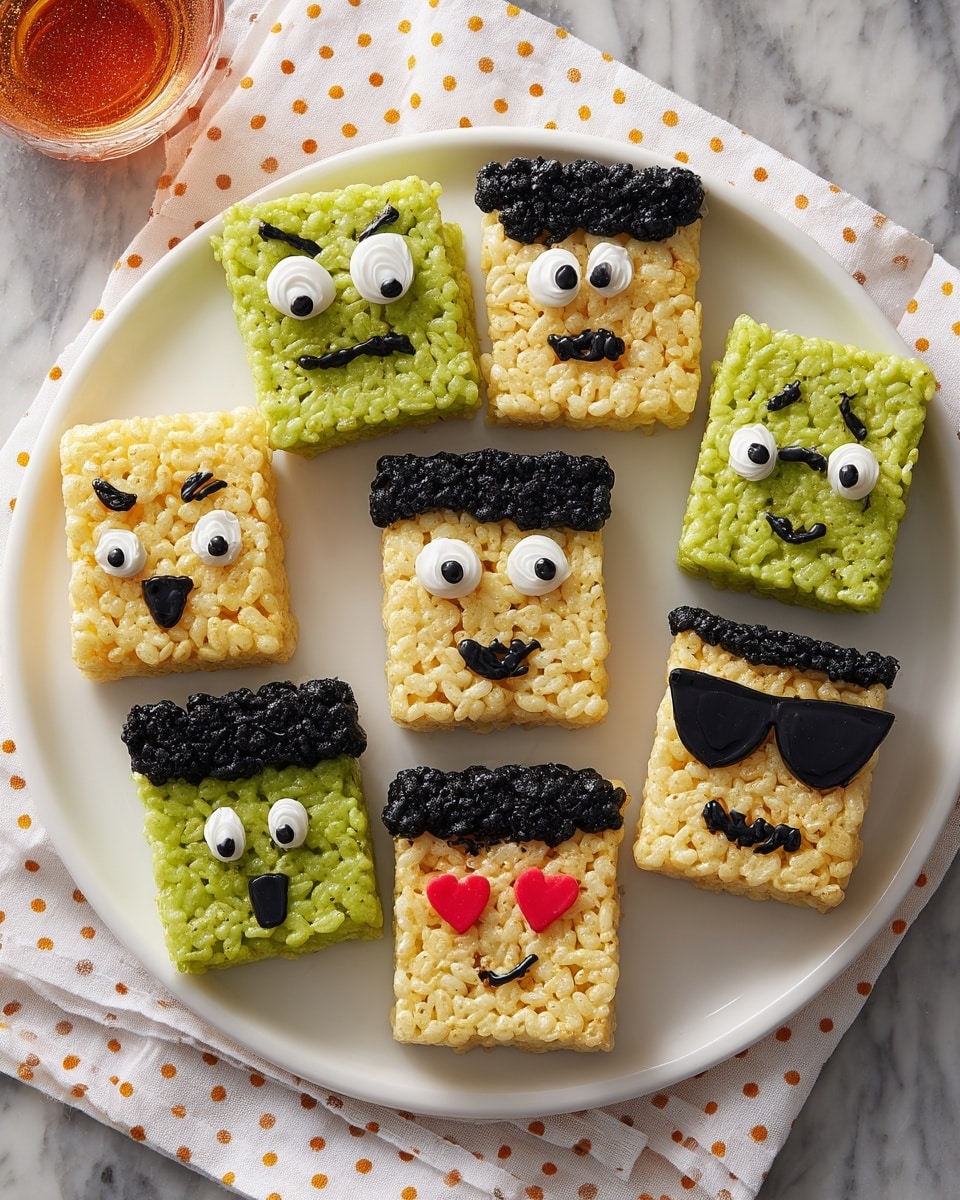 A white plate holds nine rectangular rice crispy treats arranged in a circular pattern. Each treat has three layers: a base layer of light yellow-green puffed rice cereal tightly packed, a middle layer of the same puffed rice cereal, and a top layer with black icing shaped into hair and various facial expressions. The black icing forms thick, textured hair on the top edge of each treat. Faces vary: some have white and black icing eyes, others have red heart-shaped eyes, big white teeth, sunglasses, or closed eyes, all expressed with smooth black icing lines and dots. The overall look is playful and cartoon-like on the white plate, placed on a white marbled surface. photo taken with an iphone --ar 4:5 --v 7
