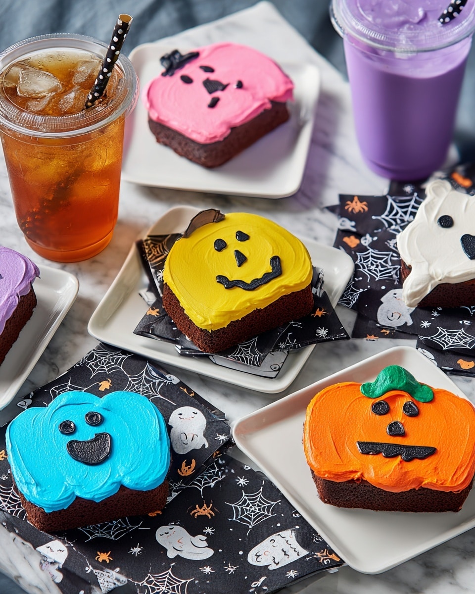 The image shows five Halloween-themed cupcakes arranged on colorful square plates over a white marbled surface. Each cupcake has two layers: a rich dark brown cake base and a thick, smooth frosting layer with different colors and shapes on top. There are two ghost-shaped cupcakes with pastel pink and bright yellow frosting, each decorated with black frosting eyes and mouths, placed on green and pink plates respectively. Two pumpkin-shaped cupcakes have vibrant orange and bright blue frosting with black triangle eyes and wavy mouths on blue and yellow plates. Another ghost cupcake with bright pink frosting and black eyes and mouth sits on a green plate. The scene also includes purple cups with drinks, black napkins decorated with white ghosts and spiderwebs, and a black and white polka dot straw, with a woman's hand holding a black napkin in the background. Photo taken with an iphone --ar 4:5 --v 7