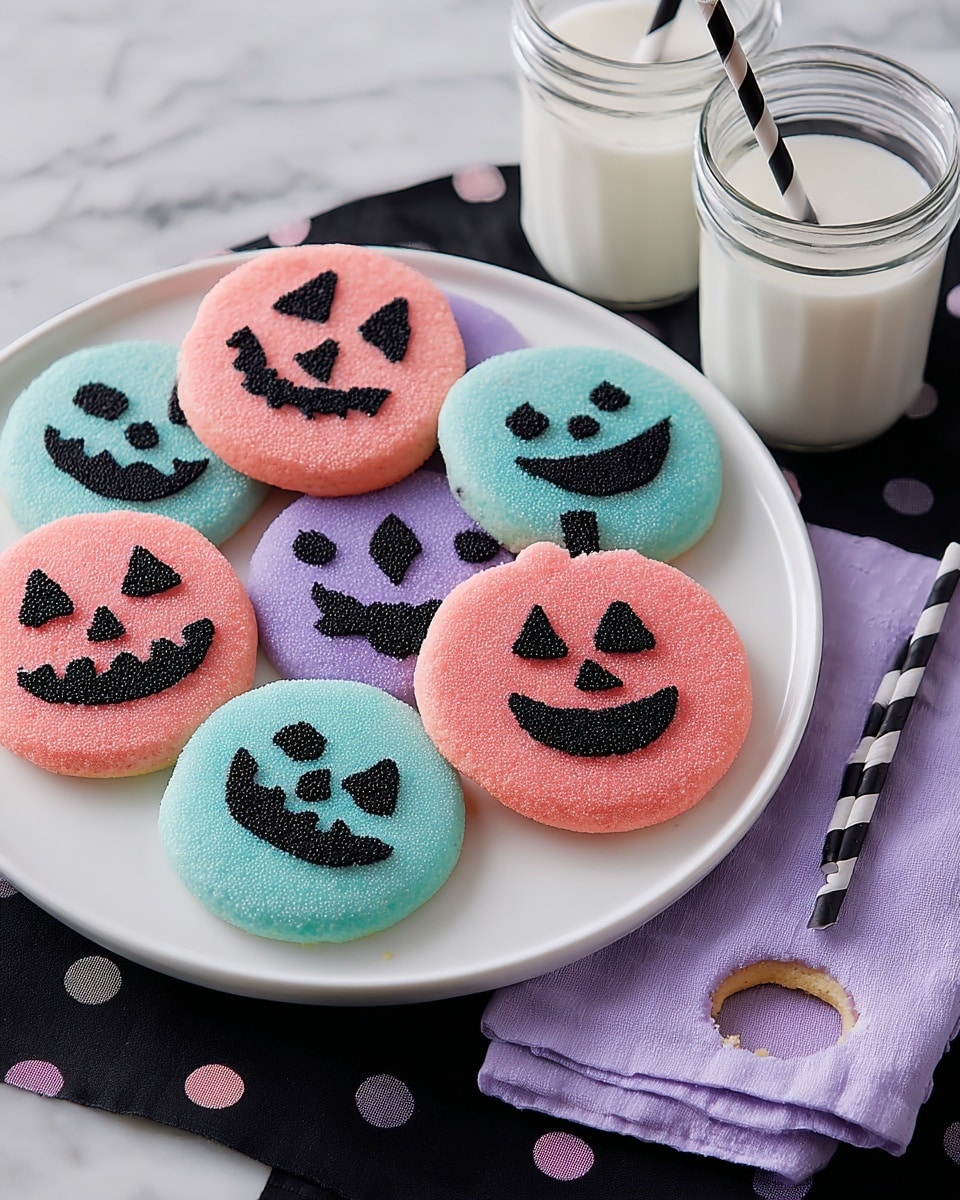 A white plate holds eight round cookies, each with a smooth, colorful base in pastel pink, teal, or purple, decorated with textured black sugar forming different spooky Halloween faces. The faces include smiling, angry, surprised, and scary expressions, all made with rough black sugar that stands out against the soft colors. One pastel pink cookie with a smiling face rests on a purple napkin next to the plate, showing a bite taken out of it. Two clear glasses of white milk sit near the cookies, each with a black and white striped straw, placed on a black cloth with white polka dots and spider web patterns. The whole scene is set on a white marbled surface photo taken with an iphone --ar 4:5 --v 7