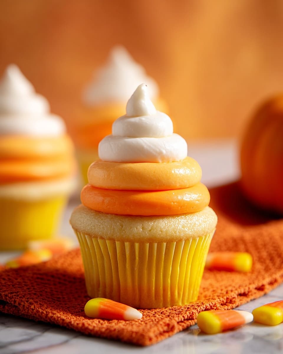 The image shows a close-up of cupcakes with three layers of frosting resembling candy corn colors. The bottom layer of the cupcake is wrapped in a yellow paper liner. On top of the cupcake, the first frosting layer is thick and bright orange, smooth in texture, forming a wide ring. Above that, a smaller orange frosting ring is placed, slightly lighter in color. The top layer is a swirl of white frosting, piped in a small spiral peak. These cupcakes stand on an orange textured mat, scattered with candy corn pieces, all set against a white marbled surface in soft, warm lighting. photo taken with an iphone --ar 4:5 --v 7