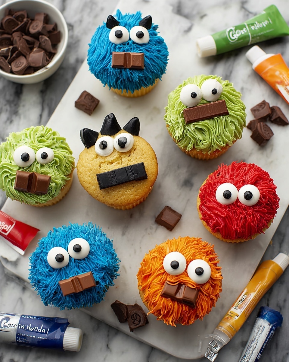 The image shows six cupcakes decorated as colorful monster faces on a white marbled surface. Four cupcakes have vibrant, textured frosting in red, green, blue, and orange, applied in fluffy swirls all over the top to create a furry look. Each monster has two large candy eyes positioned near the top edge of the cupcake and a piece of chocolate candy placed at the center to look like a mouth or nose. One blue monster cupcake also has small black spikes made from frosting at the top center. Two plain cupcakes sit nearby without frosting. Around the cupcakes are tubes of colored icing in green, blue, black, and orange, along with extra candy eyes and chocolate pieces scattered on the surface. A white plate holds two more monster cupcakes, one with red frosting and one with yellow, both with candy eyes and chocolate mouths. The photo taken with an iphone --ar 4:5 --v 7