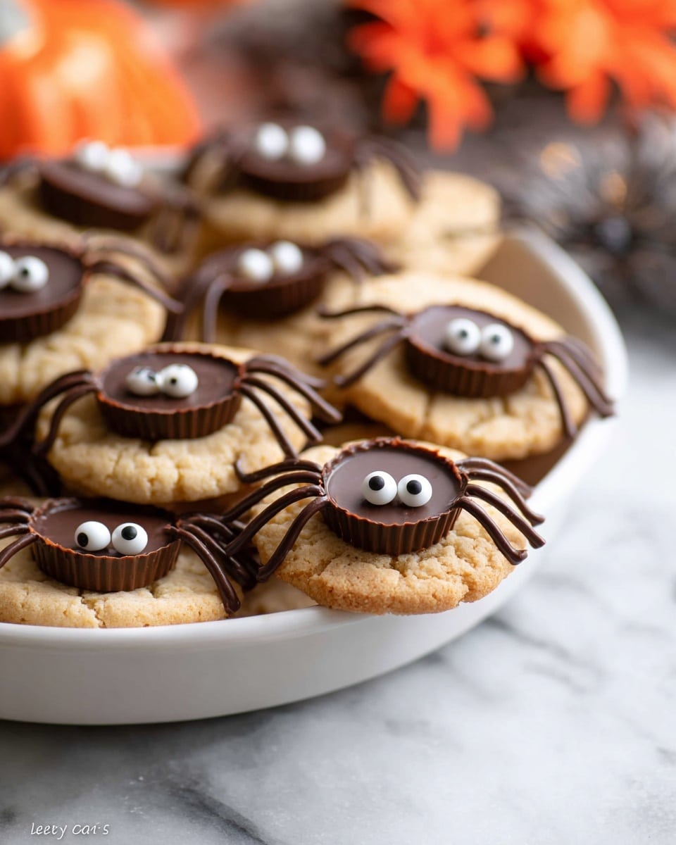 The image shows a white dish filled with cookie spiders arranged closely together. Each spider has a light brown cookie base with a small chocolate cup placed upside down in the center for the body. Black icing legs extend from the chocolate cup onto the cookie, creating eight legs for each spider. Two white candy eyes with black pupils are placed on the chocolate cup to add a cute expression. In the background, more cookies with a white drizzle are slightly blurred. The dish sits on a surface with a white marbled texture, and there are softly glowing lights and a small orange pumpkin visible at the edges. Photo taken with an iphone --ar 4:5 --v 7