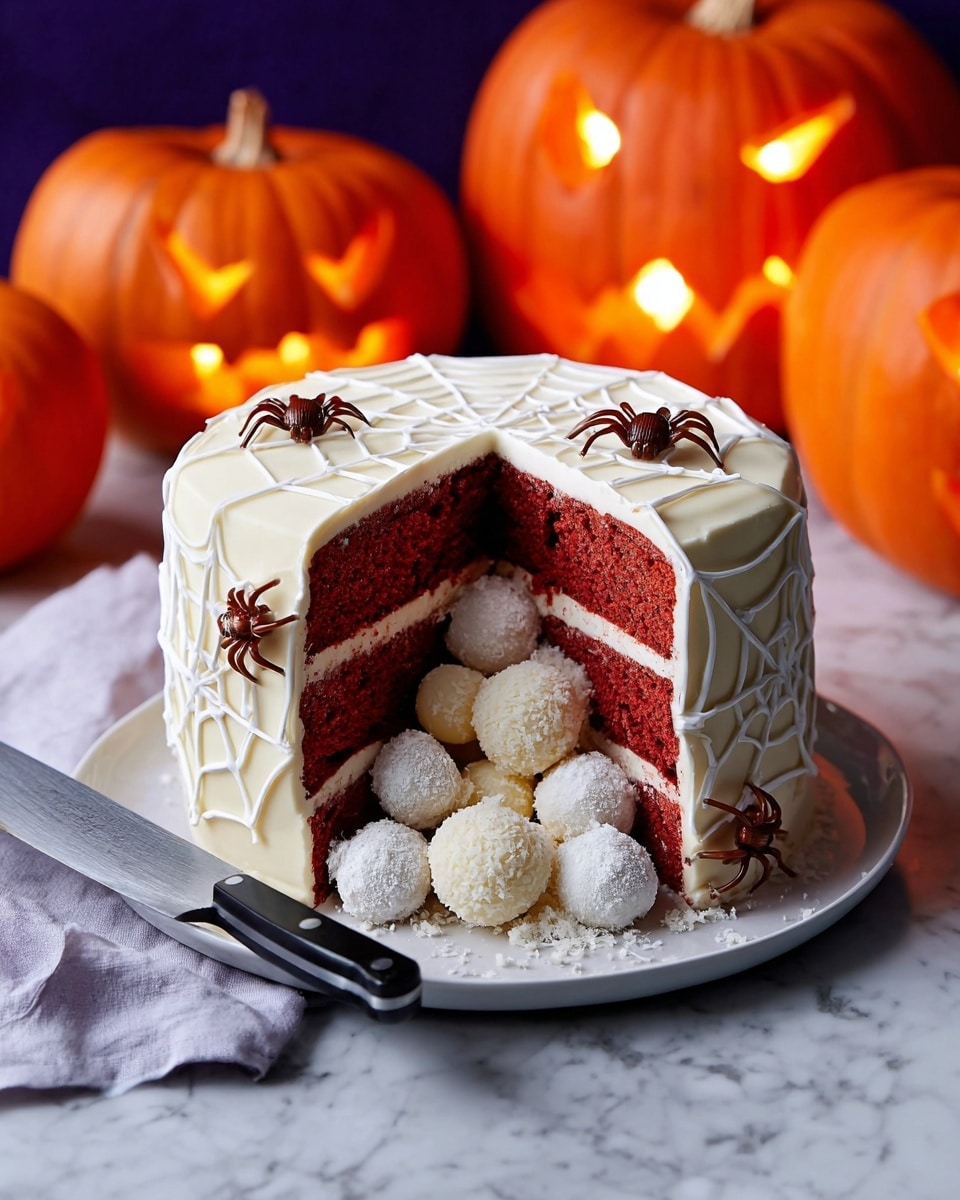 A two-layer red velvet cake with white cream between the layers and covered in smooth white icing. The outside icing has thin white lines resembling spider webs. A large piece is cut out, showing the red cake and cream inside, with white coconut-covered and plain round sweets spilling from the hollow space. Small chocolate or candy spiders and nuts are placed on the icing, with one large black spider on top. The cake sits on a white plate, on a white marbled surface, with two glowing jack-o’-lanterns in the background and a knife resting beside the plate. Photo taken with an iphone --ar 4:5 --v 7
