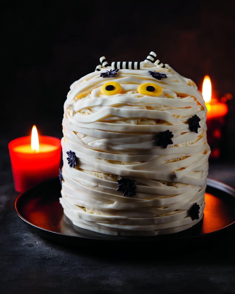 The cake has about five layers, each covered in creamy white frosting with small black cross shapes decorating the sides. On top, there are wide white fondant strips laid across in a crisscross pattern to look like mummy wrap. Two yellow round shapes with black centers peek out from under the fondant, resembling eyes. The cake sits on a black plate with a white marbled surface under it. In the background, there are two lit candles in red holders casting a warm orange light. Photo taken with an iphone --ar 4:5 --v 7