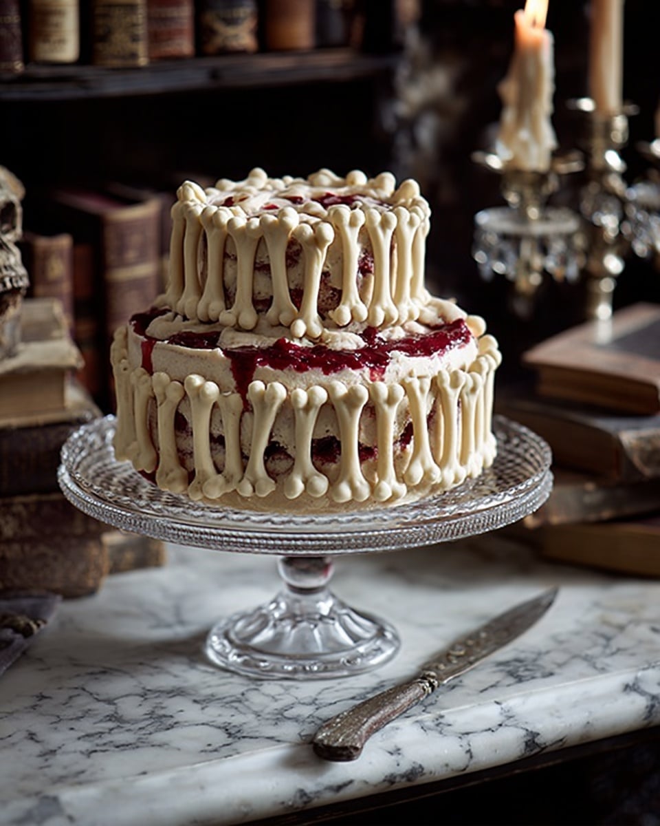 A two-layer cake sits on a clear glass stand with a round base, placed on a black wooden table with white cobwebs spread around. Both layers of the cake are covered in a light beige cream shaped like bones standing upright, surrounding the sides tightly. The top of the cake is red with a bit of the same cream decoration on top. The background is dark brown wood and has old books and a black iron candle holder visible. The whole scene is on a white marbled surface. photo taken with an iphone --ar 4:5 --v 7