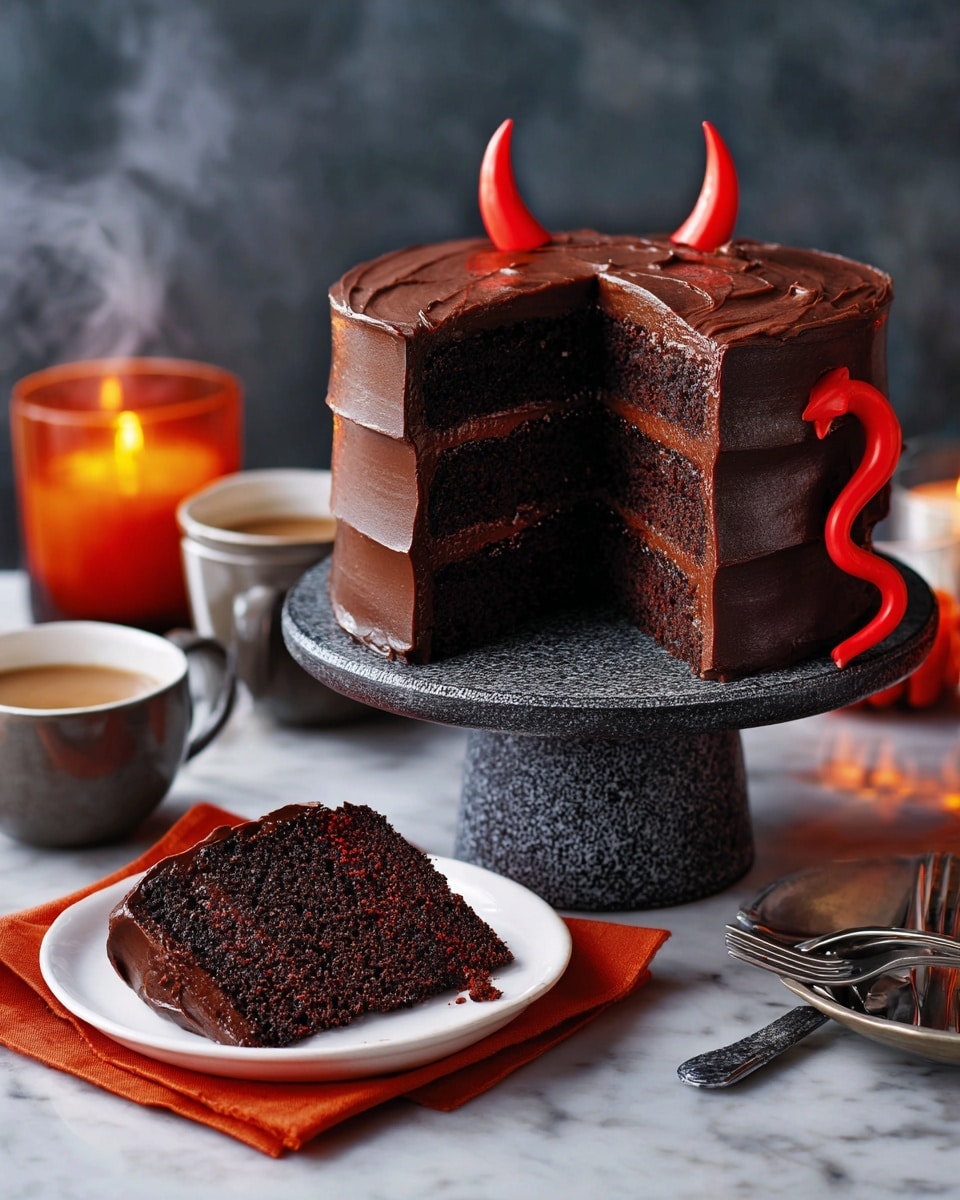 A tall chocolate cake made of four thick, dark brown layers with a smooth, rich chocolate frosting covering the outside and between each layer. Two bright red, pointed devil horns stand on top of the cake, and a red devil tail with a pointed tip wraps around the side. A slice is removed, showing the moist texture inside. The cake sits on a white plate with a gray speckled design, placed on a dark surface. Next to it, there is a white plate holding the removed slice on an orange cloth, with a fork beside it. Behind, there is an orange candle lit and two cups with steam rising. The background is a white marbled texture. photo taken with an iphone --ar 4:5 --v 7