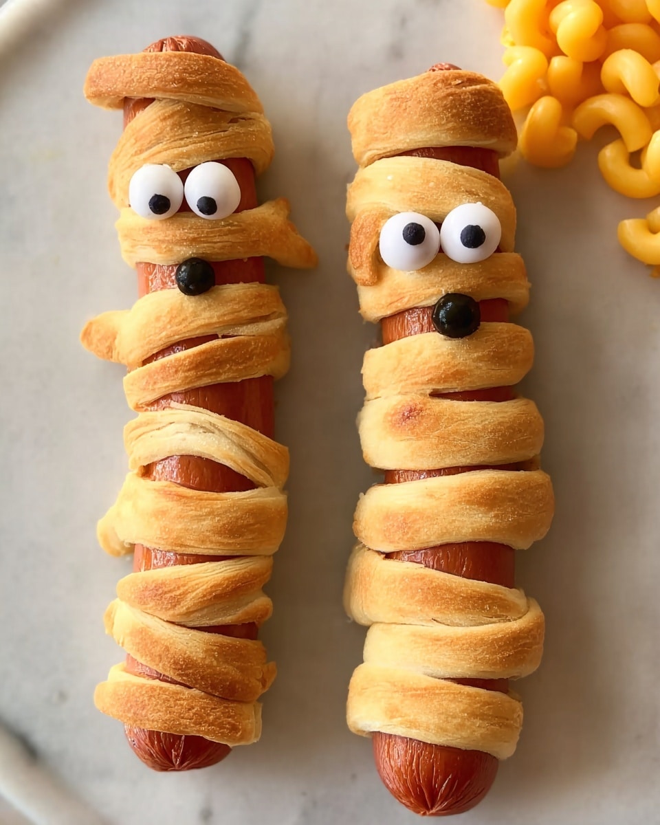 Two hot dogs each wrapped in many uneven twisted strips of golden brown dough, creating a mummy-like wrap effect. Each hot dog has two small round white candy eyes with black centers placed near the top. The hot dogs are laid side by side on a white foam tray with a small portion of yellow macaroni and cheese visible in the corner. The background surface under the tray is a white marbled texture. Photo taken with an iphone --ar 4:5 --v 7