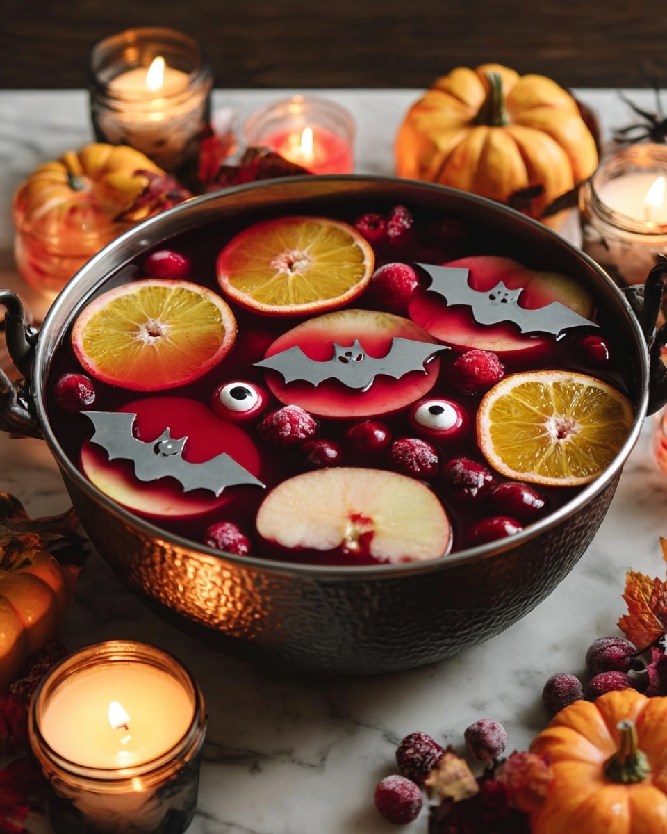 A large rustic black bowl filled with dark red punch, floating on top are thin slices of light yellow fruit cut into bat shapes, bright red raspberries scattered around, and round orange slices with gradient hues from orange to deep red near the center. The bowl sits on a wooden block, surrounded by small orange pumpkins and lit candles on a dark wooden table. Small white eyeball-shaped treats with red veins and dark centers rest near the bowl, adding a spooky touch. The background has a warm and cozy Halloween atmosphere with soft lights. Photo taken with an iphone --ar 4:5 --v 7