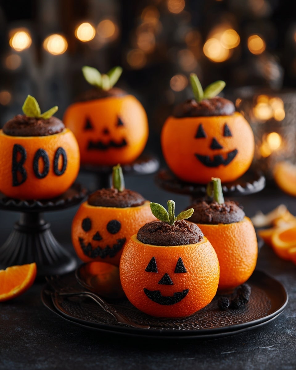 The image shows a group of small orange pumpkins hollowed out and filled with rich, dark chocolate mousse. Each pumpkin serves as a container with two layers visible: the bright orange pumpkin shell on the outside and the smooth, dark brown mousse inside. The top part of the pumpkin is sliced off and placed slightly tilted on the mousse, acting like a hat with a small green stem on top. The front of each pumpkin is carved with different simple Halloween faces or words, revealing the dark mousse underneath in shapes like triangles for eyes and jagged mouths, and one pumpkin spells