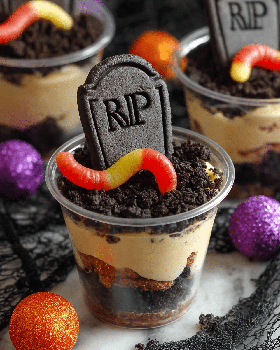 The dessert cup shows three clear layers: the bottom is dark chocolate cake crumbs, the middle is a light brown creamy mousse, and the top is covered with crushed dark cookie pieces. A small cookie shaped like a tombstone with