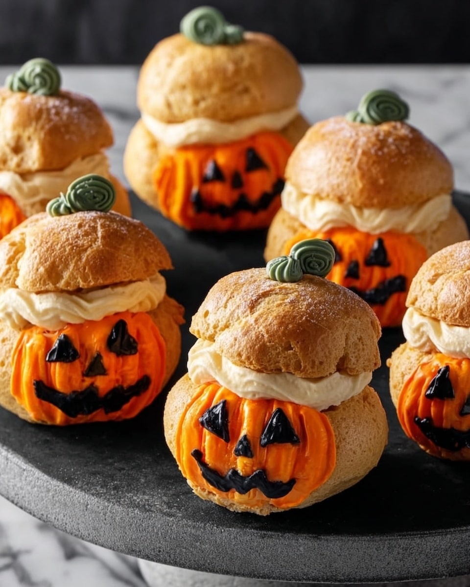 The image shows five Halloween pumpkin-shaped pastries on a black slate surface with a white marbled background. Each pastry has two main layers: the bottom layer is round and painted bright orange with black jagged mouth and eyes in a jack-o'-lantern style, while the top layer is a smaller beige pastry piece placed like a pumpkin stem with a green twisted decoration on top. The textures of the pastries look soft and slightly crispy on the edges. Some pastries are placed directly on the slate, while one is elevated on a light grey stone pedestal in the back. Photo taken with an iphone --ar 4:5 --v 7