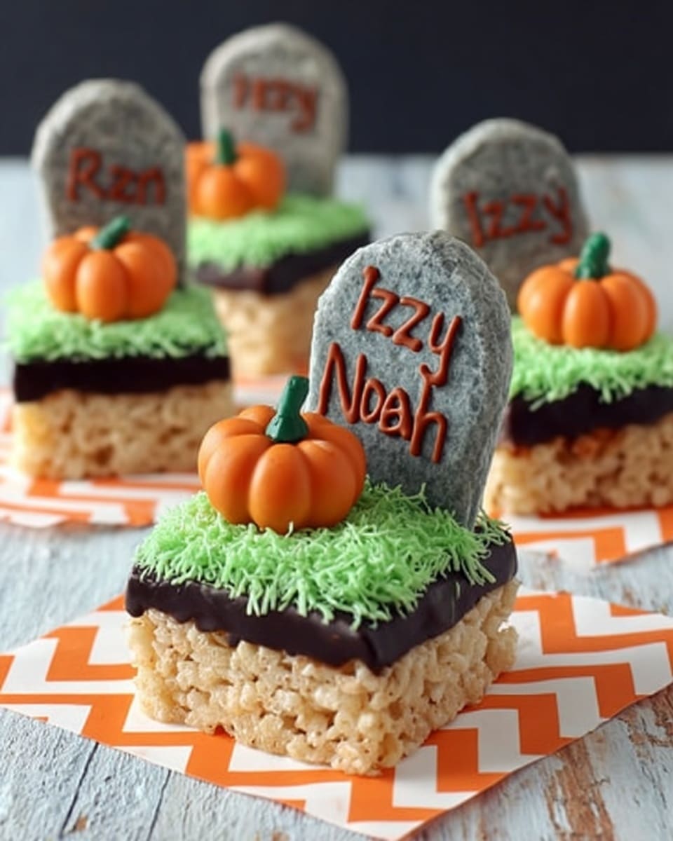 The image shows a tall Halloween-themed treat with three layers. The bottom layer is a square pale beige Rice Krispies bar, soft and sticky in texture. On top of that is a thin layer of shiny dark brown chocolate spread evenly. Above the chocolate, there is a small mound of shredded light green and white coconut to look like grass. Standing upright in the middle is a gray tombstone-shaped cookie with rough edges and brown borders, with the name