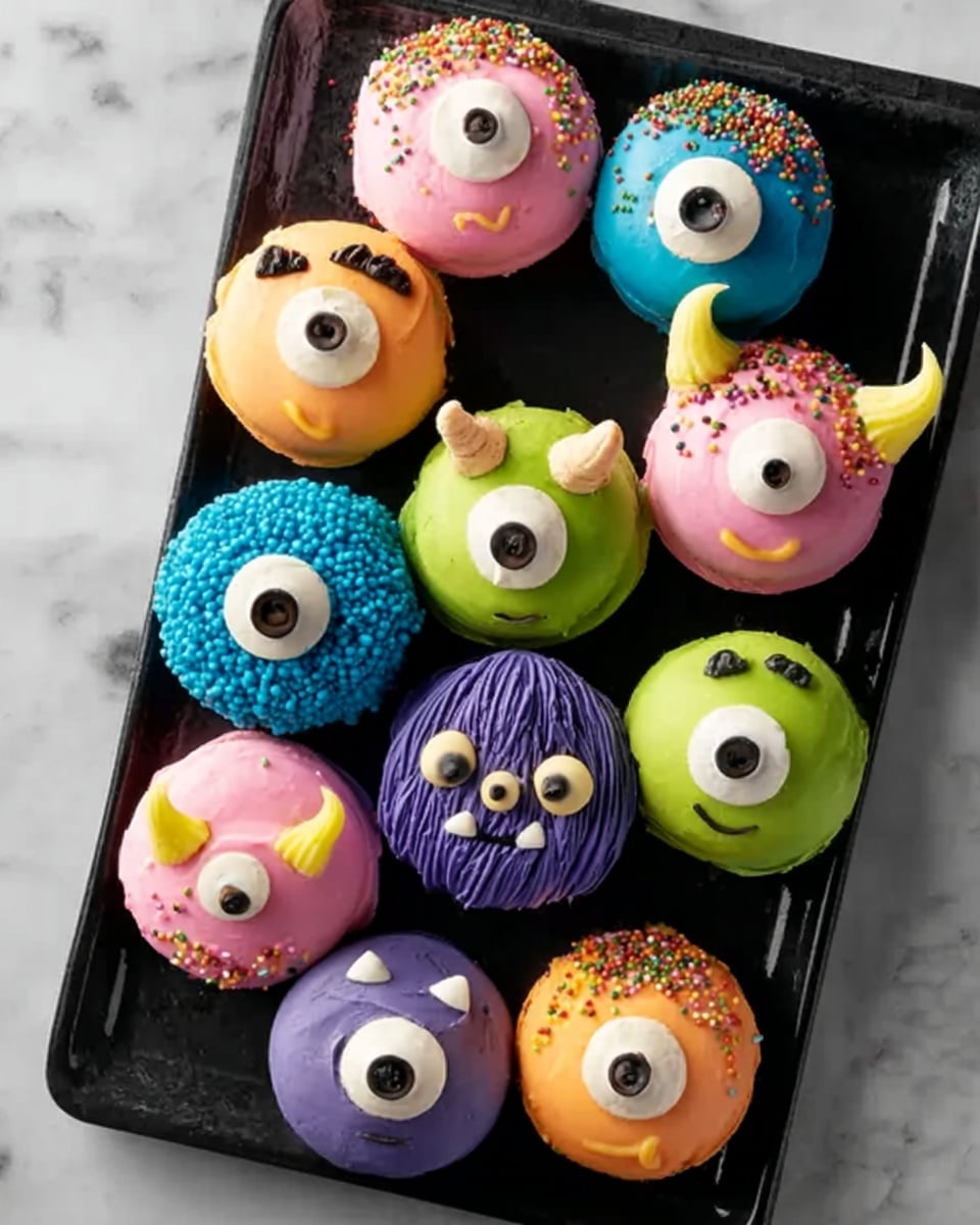 A black rectangular tray holds ten colorful round pastries decorated to look like cartoon monster faces, each with one or more large, detailed eyes in the center. The pastries are arranged in three rows, each with bright colors and different textures: one is blue with yellow horns and a big eye, another is green with a green eye and green sprinkles around it, there is a pink pastry with a green eye and pink sprinkles, and an orange one with a white eye and orange flame-like shapes on the side. Others include a purple pastry with a big white eye, a blue round pastry with three small eyes and little ears, a pink one with a yellow and blue eye, a green pastry with two small ears and a white eye, and a pink one with two small ears and a worried expression. All pastries have glossy or matte finishes and small details like eyelashes, mouths, or horns. The tray sits on a white marbled surface. Photo taken with an iphone --ar 4:5 --v 7