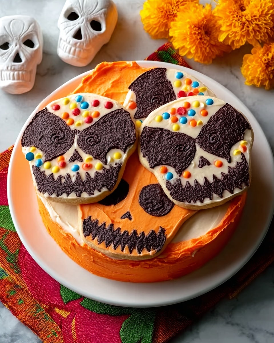 This image shows a round chocolate cake with orange icing covering the sides and top edges. The top surface has two large bat shapes made of darker chocolate powder, standing out against the bright orange icing. A slice is removed from the cake, revealing four layers: dark brown cake layers alternating with orange cream layers, with the bottom layer containing chopped nuts. The cake sits on a white plate on a white marbled surface. A woman's hand is holding the edge of the slice. Photo taken with an iphone --ar 4:5 --v 7