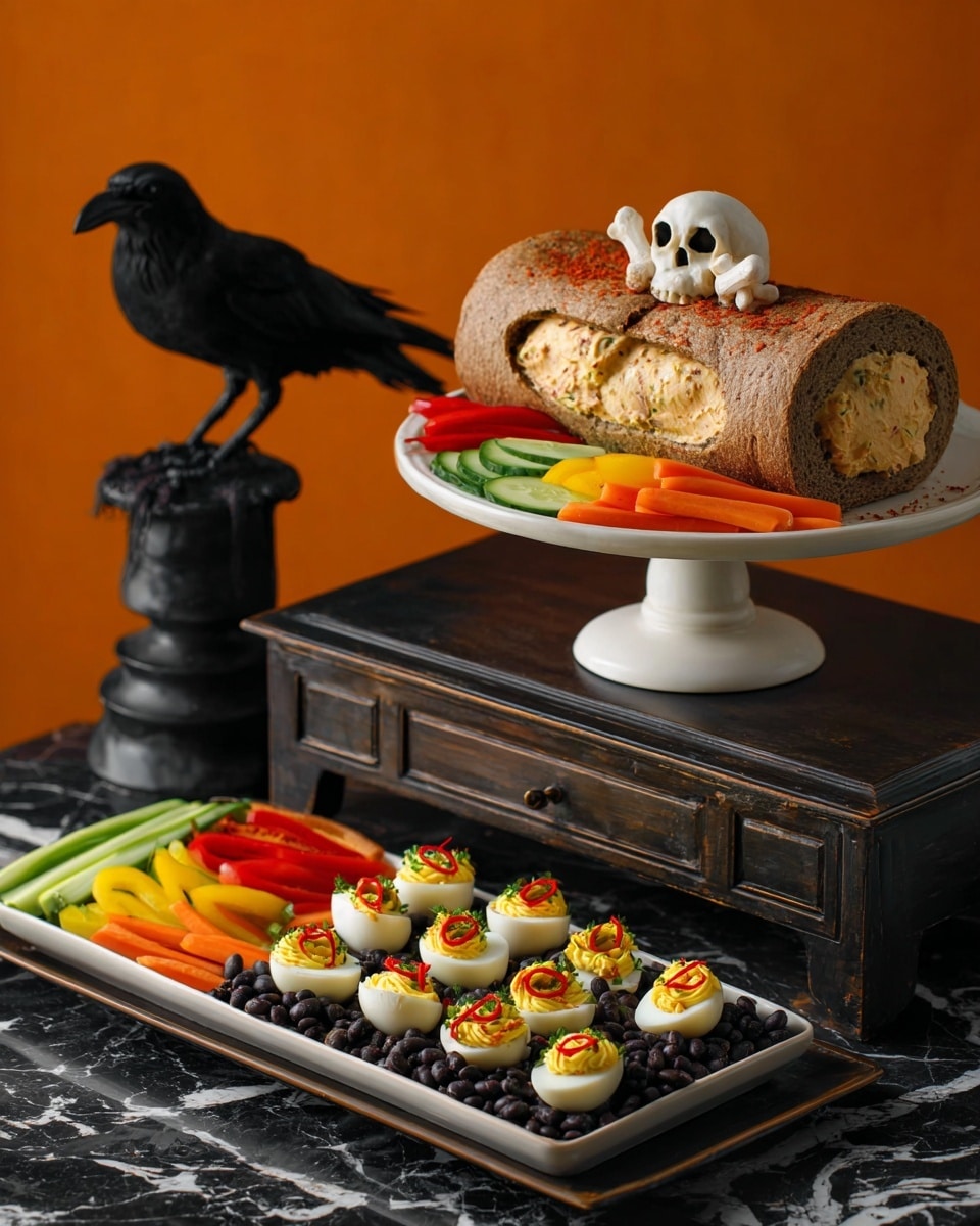 The image shows a creative Halloween food display on a white marbled surface, set against an orange background. On a tall black pedestal plate, there is a coffin made of brown bread with a textured inner lining. Inside the coffin, a layer of light, crumbly cheese with a sprinkling of red seasoning covers a small white skeleton figurine with separate bone pieces arranged around it. Surrounding the coffin on the pedestal plate are fresh vegetable slices arranged in a row: whole small orange carrots with green stems, sliced red bell peppers, green cucumber rounds, and yellow bell pepper pieces. In front, a white rectangular plate holds deviled eggs, each cut in half with a yellow filling, topped with a black olive slice at the center and red sauce lines radiating from the olive to give a spider-eye effect, all resting on a bed of black beans. A black crow sculpture stands to the right of the pedestal plate. photo taken with an iphone --ar 4:5 --v 7