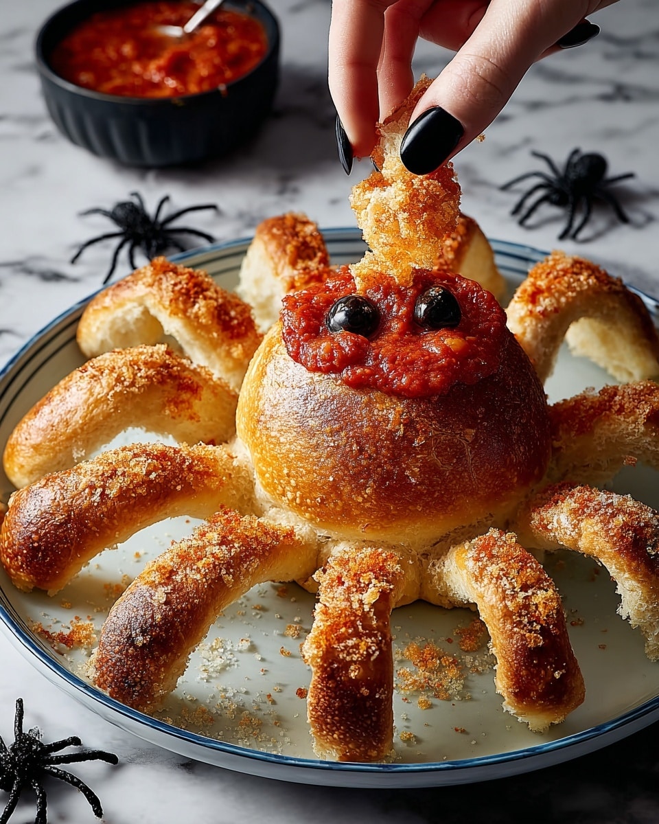 The dish shows a round bread bowl in the middle filled with red tomato sauce, acting as the spider's body. Around the body, there are eight curved bread sticks covered with grated cheese, forming the spider's legs, evenly spaced and extending outward. At the front of the bowl, a smaller round piece of bread with two black olive halves for eyes makes up the spider's head. A woman's hand with black nail polish is dipping one of the bread legs into the sauce. The food sits on a textured white plate placed on a white marbled surface, with small black plastic spiders near the edges for decoration. photo taken with an iphone --ar 4:5 --v 7