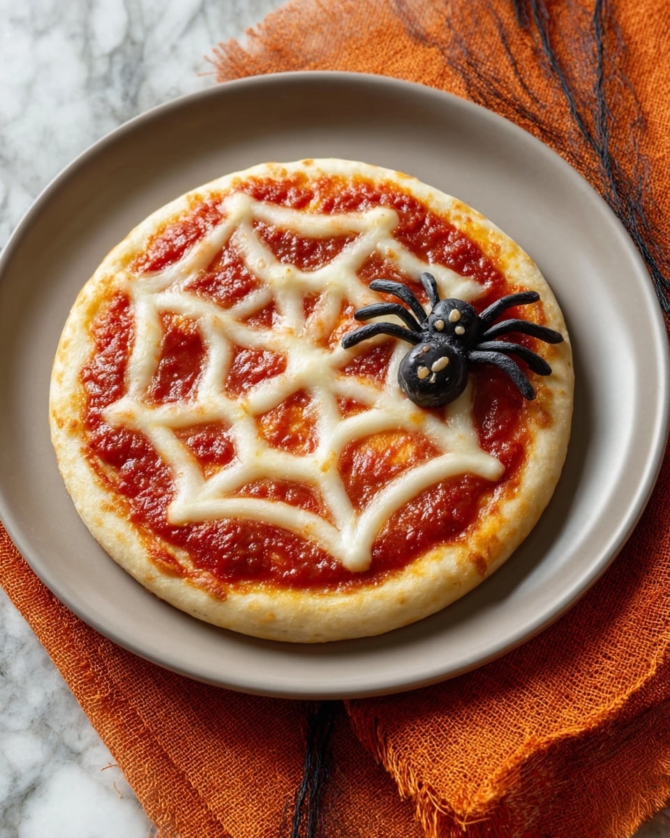 A small round pizza with three layers: the base is light golden dough with a soft texture, the middle layer is bright red tomato sauce spread evenly close to the edge, and the top layer is melted white cheese arranged in a web pattern over the sauce. There is a black olive spider on the right side made from two whole olives for the body and head, with thin slices of black olives as legs. The pizza is on a white plate, placed on an orange cloth with a white marbled surface in the background. photo taken with an iphone --ar 4:5 --v 7