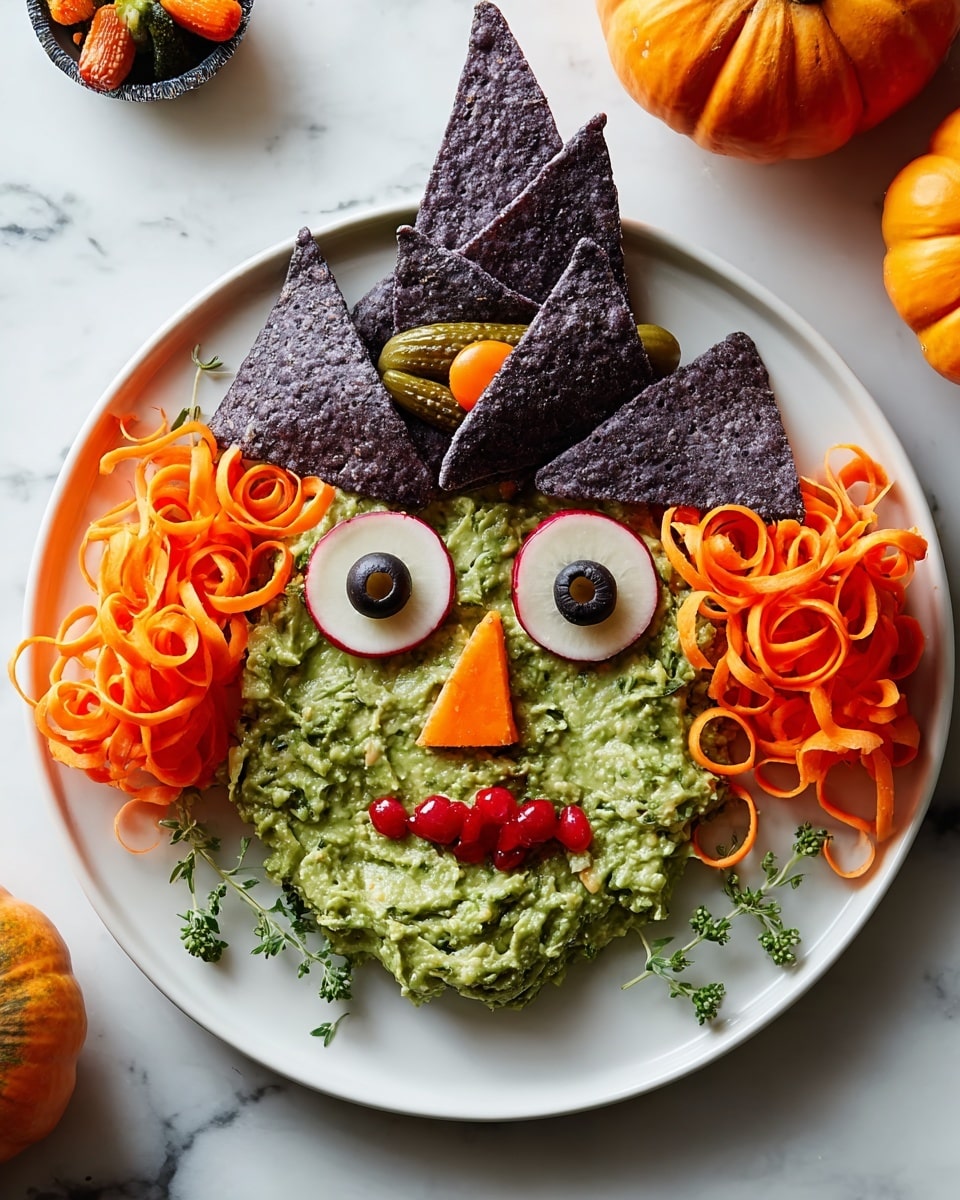 The dish is shaped like a face on a white plate with a white marbled surface background. The base layer is a large, uneven mound of green guacamole forming the face's shape and texture. On top, orange curly carrot ribbons are positioned around the upper sides as hair, adding bright color and texture. A hat made of multiple overlapping dark purple triangular tortilla chips sits at the top of the face. The eyes are created with round white radish slices topped with black olive halves and red centers, with thin caper stems as eyelashes. A small pickle sliced lengthwise serves as the nose, while two bright red tomato pieces form a small smiling mouth below. Additional capers are placed around the face for decoration. Photo taken with an iphone --ar 4:5 --v 7