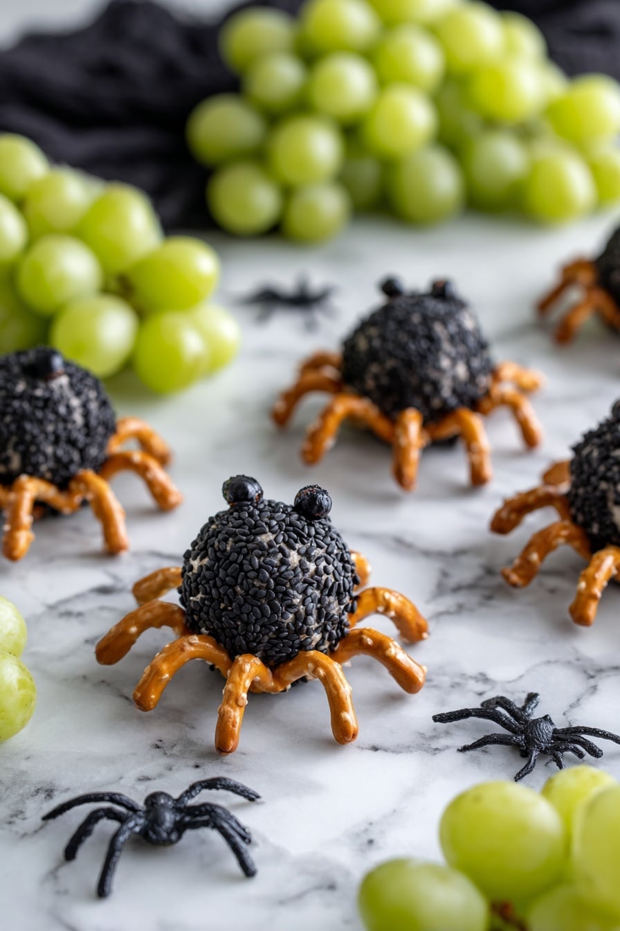 The image shows a close-up of a Halloween-themed snack with spider shapes made from round cheese balls covered in black sesame seeds. Each cheese ball forms the spider's body, with eight pretzel sticks attached as legs, radiating outward. The spiders are placed on a white marbled surface with clusters of green grapes in the background, adding contrast. A piece of black cloth and a small black plastic spider decoration are also visible, giving a spooky touch. The focus is sharp on the spider in the center, with a soft blur on the others. Photo taken with an iphone --ar 2:3 --v 7 - Spider Cheeseballs for Halloween, Halloween cheeseball recipe, creepy Halloween party snacks, spooky appetizer ideas, easy Halloween treats