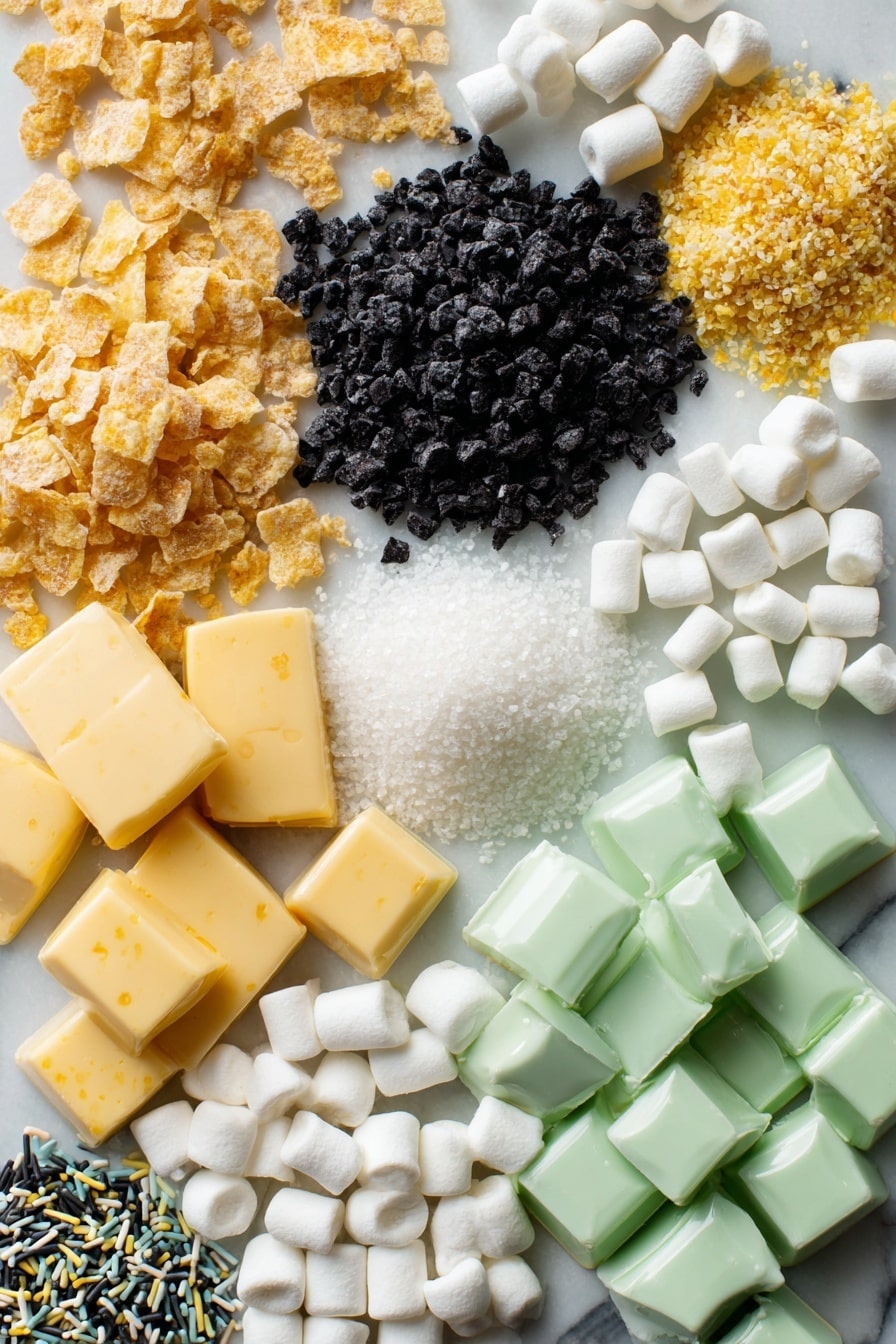 Flat lay of pale green candy melts with a smooth, glossy texture, rich black candy melts with a shiny surface, soft and puffy mini white marshmallows, golden yellow unsalted butter blocks, light golden crunchy rice krispie cereal clusters, tiny black jimmies sprinkles scattered loosely, bright white royal icing eyes with black pupils, all carefully arranged with natural spacing and slight overlaps to showcase their colors and textures, placed on white marbled surface, photo taken with an iphone --ar 2:3 --v 7 - Frankenstein Halloween Rice Krispie Treats, Halloween Rice Krispie Treats, Spooky Halloween Treats, Easy Halloween Desserts, Kid-Friendly Halloween Snacks