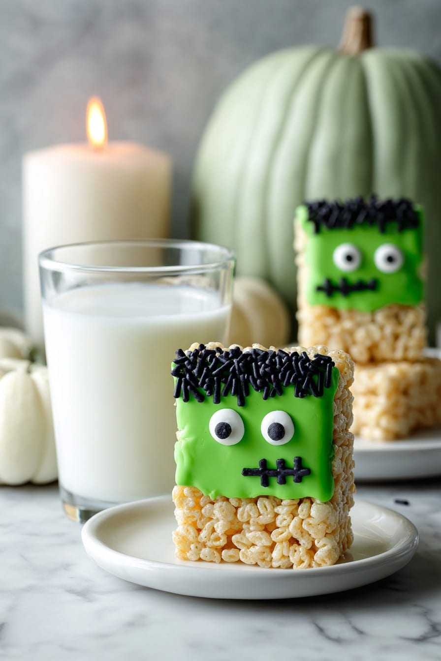 The dish shows a close-up of a square rice crispy treat shaped like a Frankenstein monster. It has two layers: the bottom layer is light golden crispy rice, and the top layer is bright green icing forming the monster’s face. The face has black icing hair with small black sprinkles, white and black candy eyes, and a small black icing scar on one cheek. One piece leans against a clear glass of milk in the foreground, while three more sit on a white plate in the background on a white marbled surface. A large pale green pumpkin and a small white pumpkin are seen in the blurred background along with a lit white candle photo taken with an iphone --ar 2:3 --v 7 - Frankenstein Halloween Rice Krispie Treats, Halloween Rice Krispie Treats, Spooky Halloween Treats, Easy Halloween Desserts, Kid-Friendly Halloween Snacks