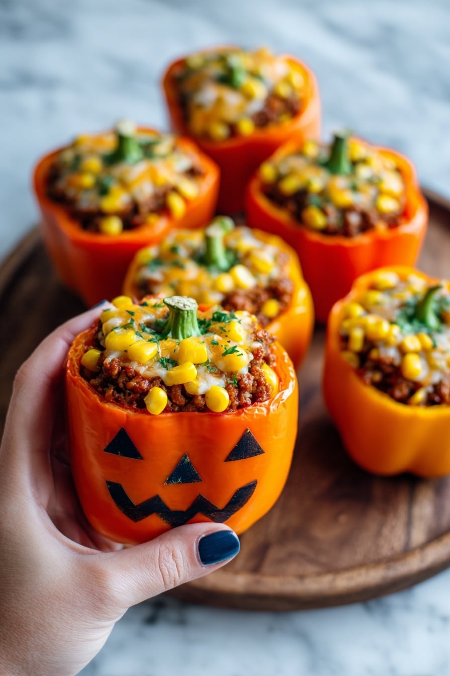 The image shows three orange bell peppers carved to look like jack-o'-lanterns, each filled with a dark brown mixture topped with shredded white and yellow cheese. The peppers have triangular eyes and a mouth with two teeth carved on the front. One pepper is in the front with its lid removed and placed leaning on the side, showing the hollow inside. All three peppers sit on a white plate, which is placed on a round wooden slab with bark around the edge, and the background is a white marbled texture. Photo taken with an iphone --ar 2:3 --v 7 - Jack-o-lantern Stuffed Bell Peppers, Halloween stuffed peppers, festive stuffed bell peppers, healthy Halloween dinner, spooky stuffed peppers