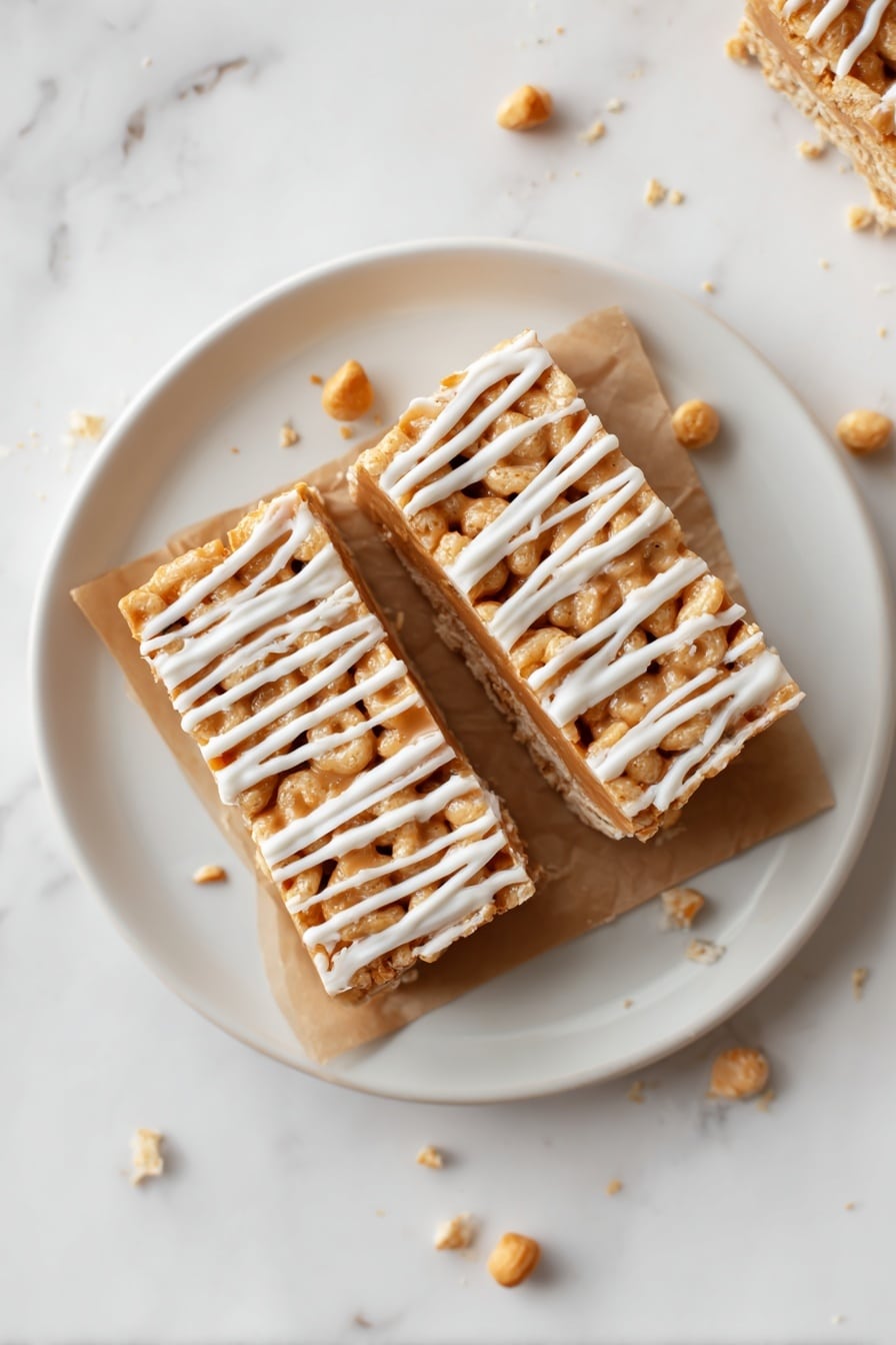 The image shows two square cereal bars placed side by side on a white plate with a small piece of brown parchment paper under them. Each bar has three visible layers: the base is light beige puffed cereal, the middle is a sticky peanut butter layer stretching slightly where a bite has been taken from the front bar, and the top has white icing drizzled in thin lines across the surface, adding texture. There are small crumbs around the bars on the plate, which is set on a white marbled surface. Photo taken with an iphone --ar 2:3 --v 7 - Butterscotch Pumpkin Cheerio Bars, fall treat bars, easy pumpkin snack, no-bake Cheerio dessert, seasonal pumpkin candy bars