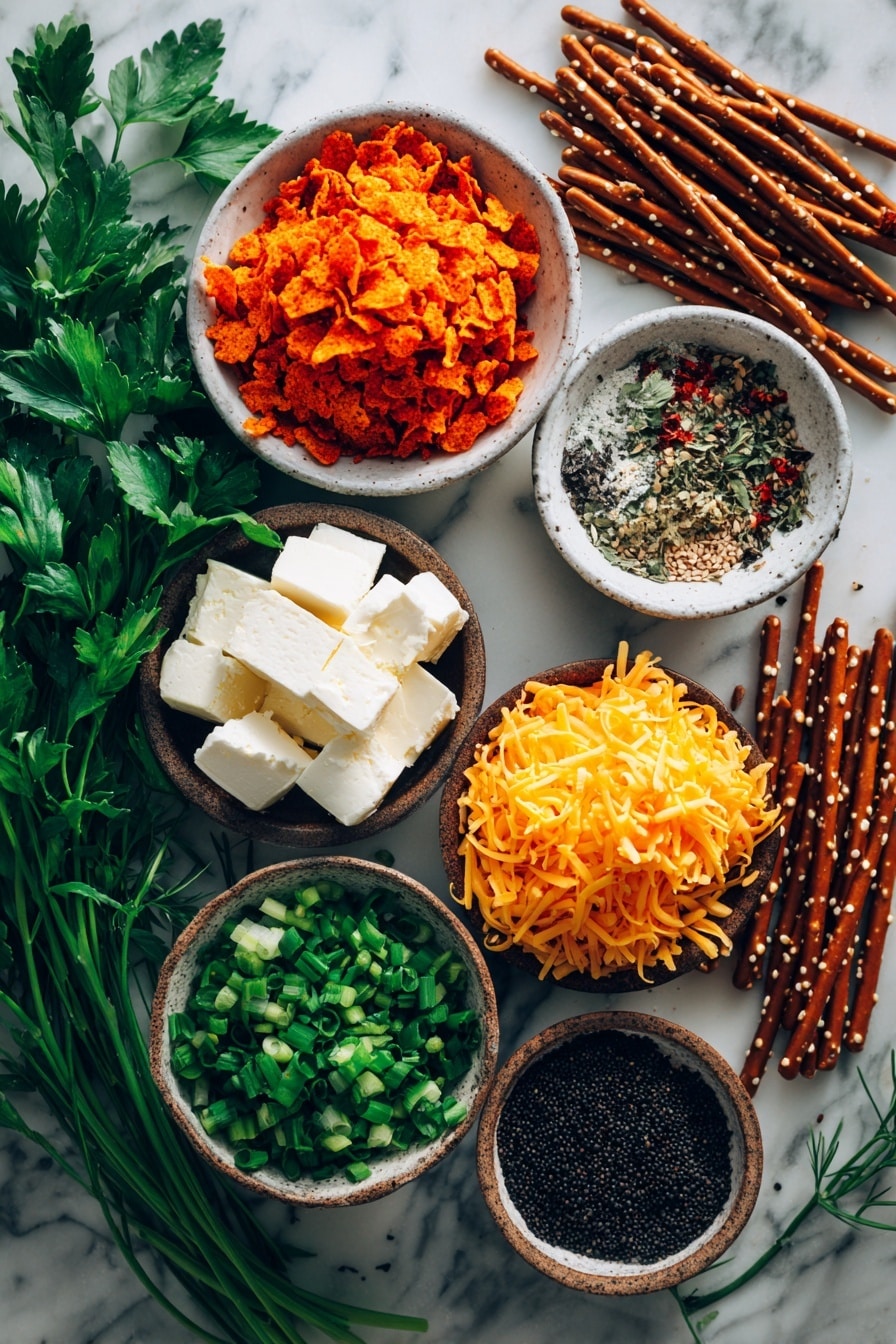 Flat lay of bright orange crushed Nacho Cheese Doritos crumbs, creamy white blocks of cream cheese, vibrant golden grated cheddar cheese, glossy deep red roasted red peppers, fresh bright green chopped green onions, sprigs of fresh flat-leaf parsley with rich green leaves, a handful of rustic brown pretzel sticks, and small piles of shiny black sesame seeds, all naturally scattered and slightly overlapping to show varied textures and colors, placed on white marbled surface, photo taken with an iphone --ar 2:3 --v 7 - Mini Pumpkin Cheese Balls, Pumpkin Cheese Balls, Festive Snack Ideas, Holiday Party Appetizers, Bite-sized Pumpkin Cheeses